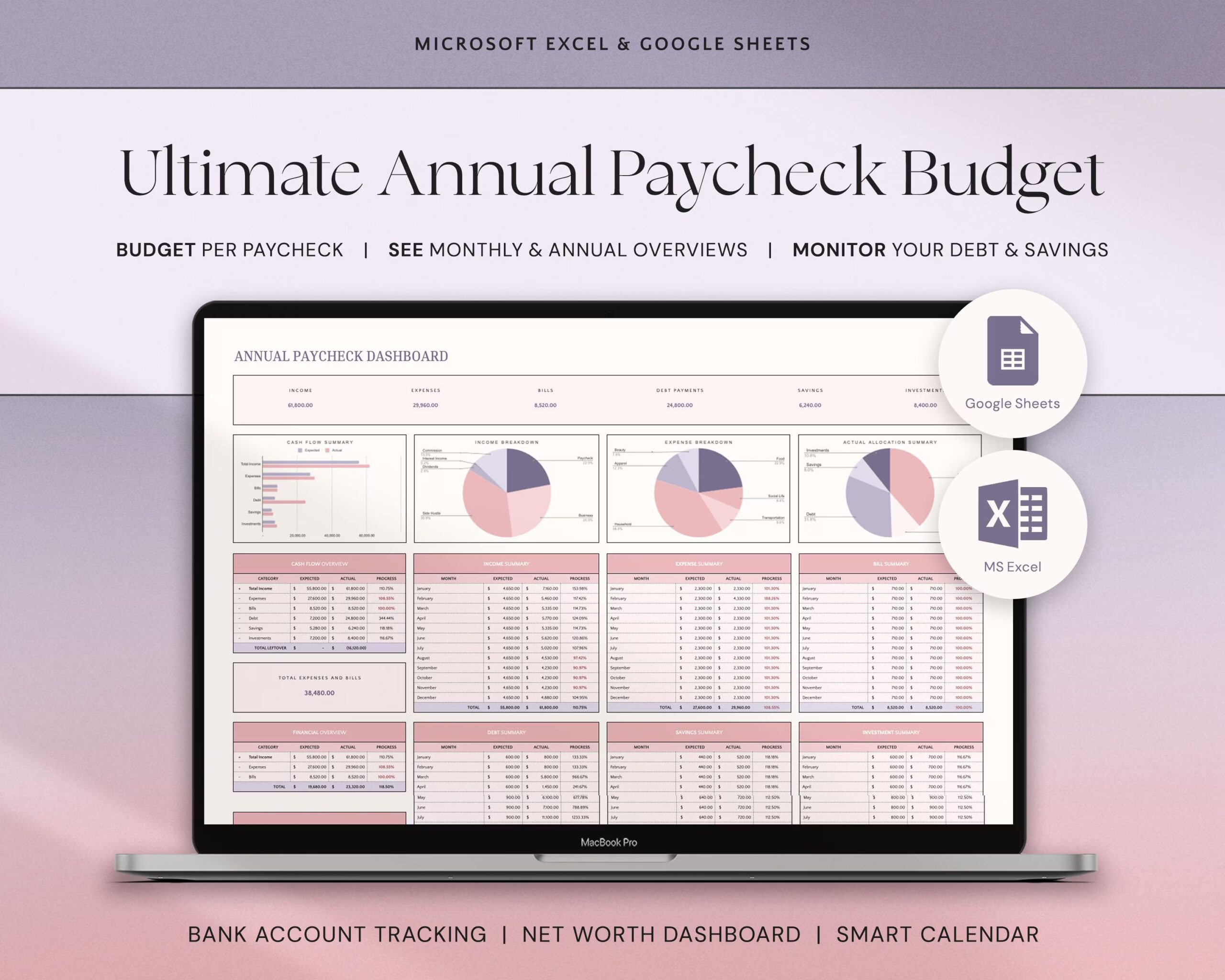 Annual Biweekly Paycheck Budget with Weekly Budget Spreadsheet, Monthly and Yearly Planner and Simple Zero-Based Budget