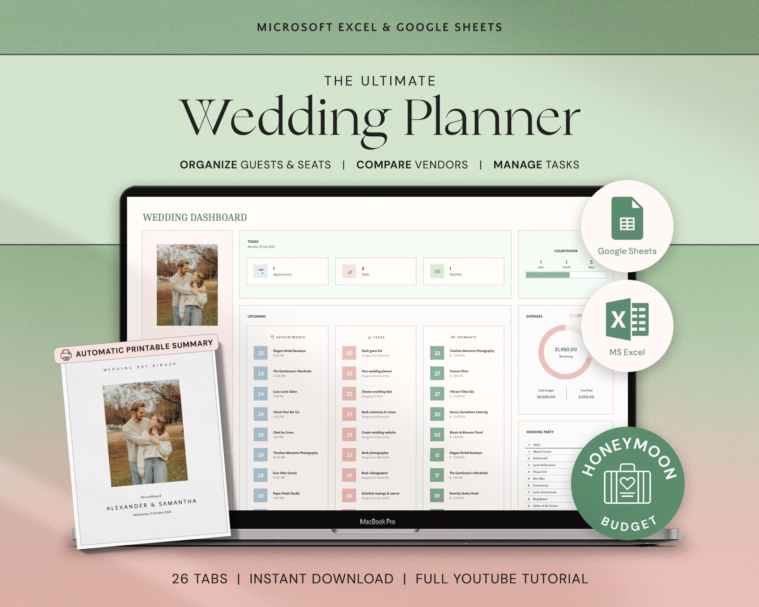 Ultimate Wedding Planner Spreadsheet with Wedding Budget Tracker, Wedding Day Coordination Timeline and Checklist