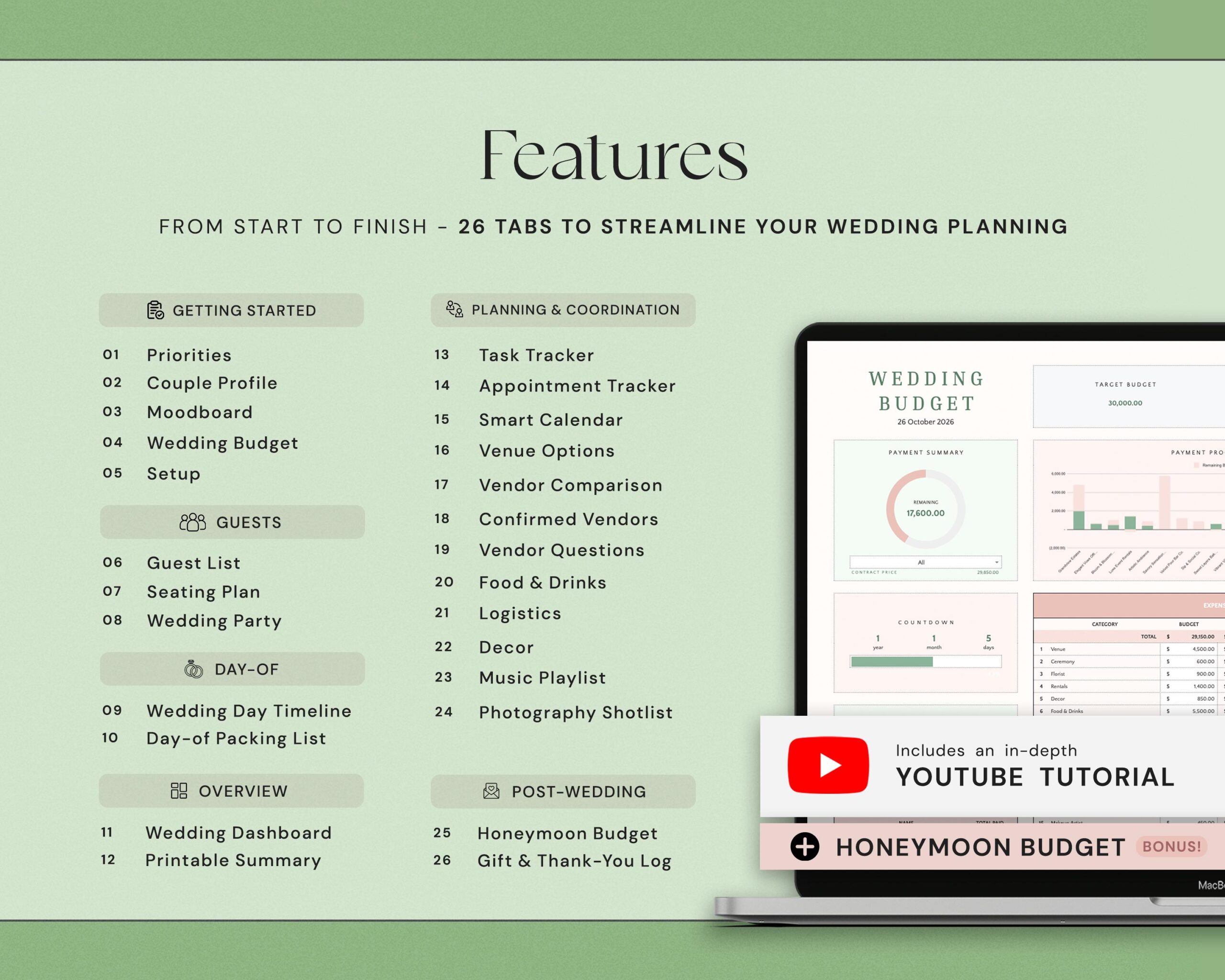 Ultimate Wedding Planner Spreadsheet with Wedding Budget Tracker, Wedding Day Coordination Timeline and Checklist