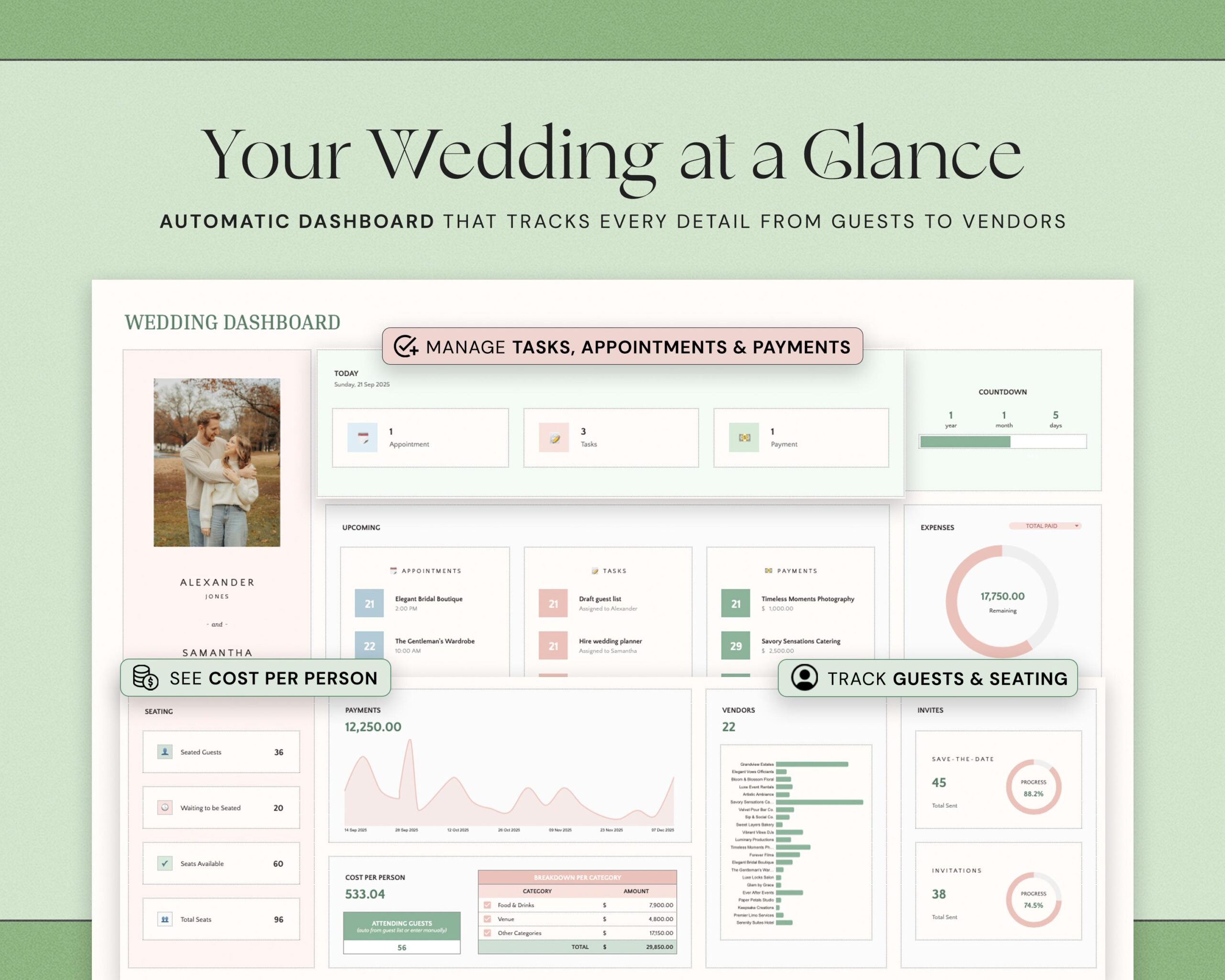 Ultimate Wedding Planner Spreadsheet with Wedding Budget Tracker, Wedding Day Coordination Timeline and Checklist