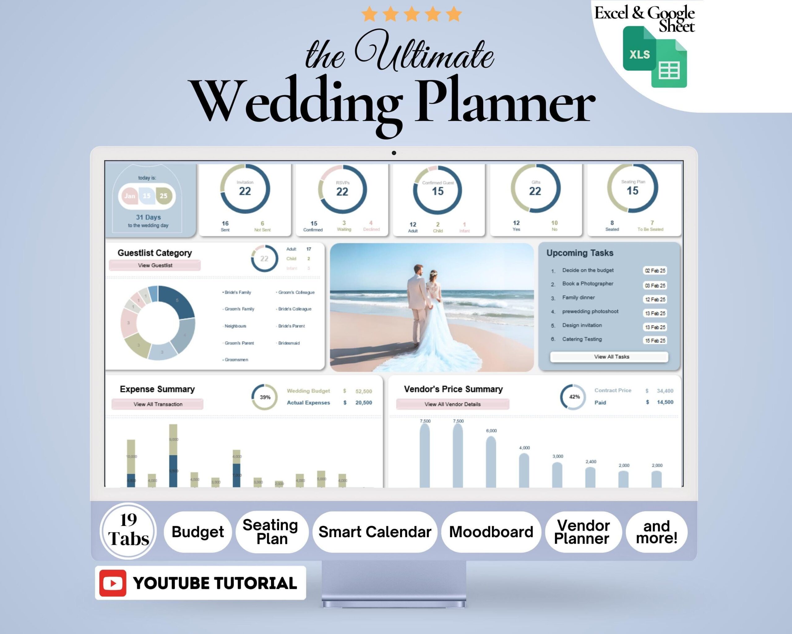 Ultimate Wedding Planner Spreadsheet with Budget, Guest List and Seating Chart