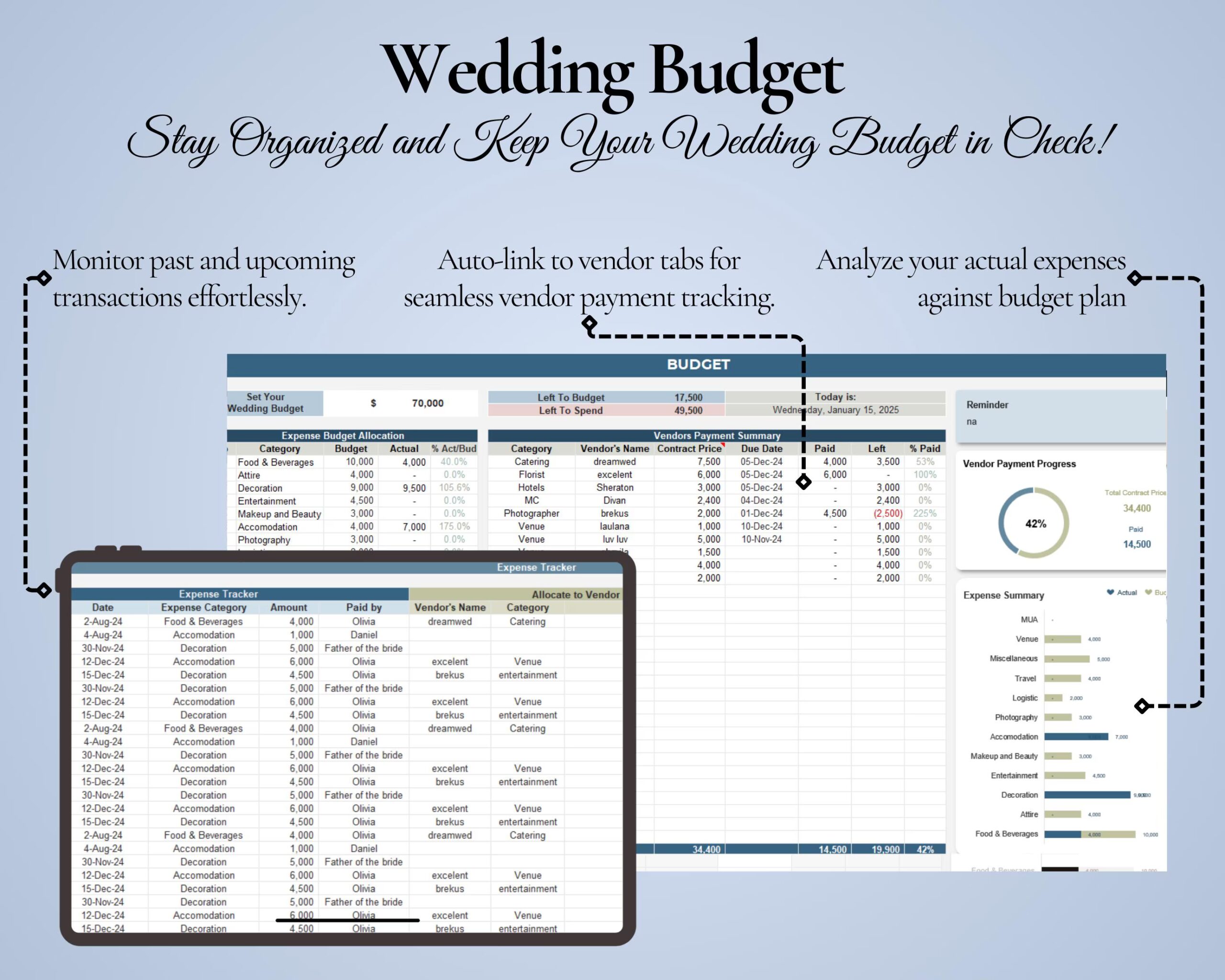 Ultimate Wedding Planner Spreadsheet with Budget, Guest List and Seating Chart