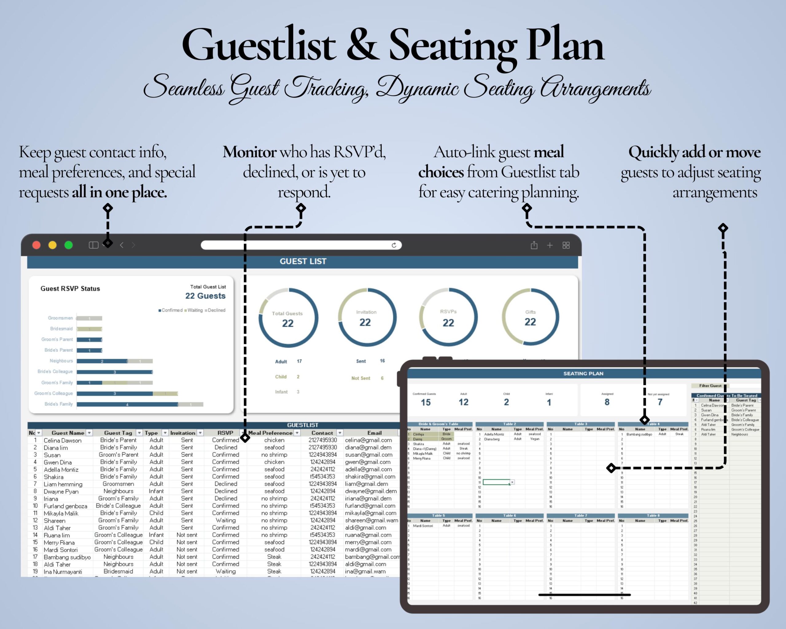 Ultimate Wedding Planner Spreadsheet with Budget, Guest List and Seating Chart