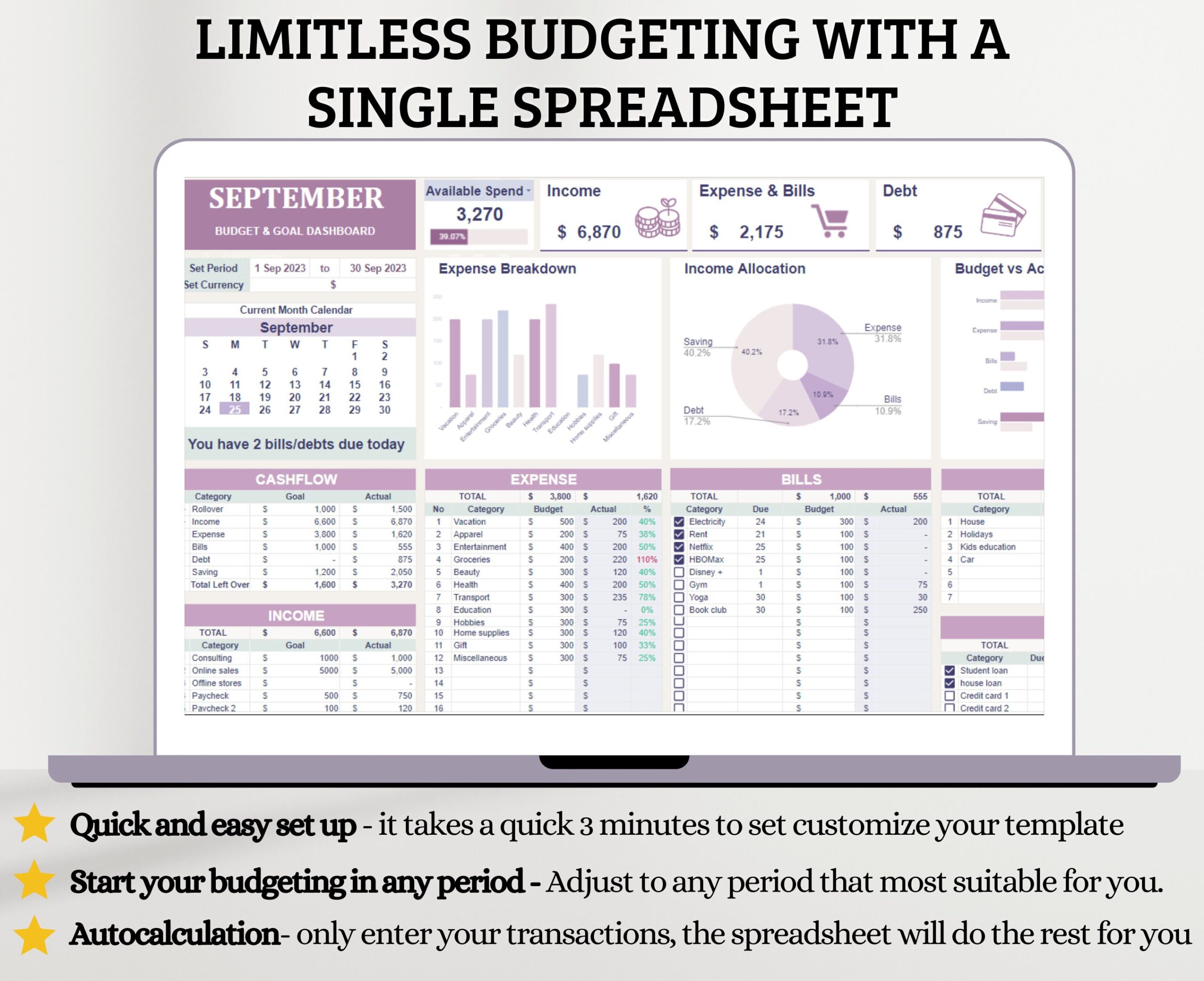 Monthly Budget Spreadsheet with Income and Expense Tracker