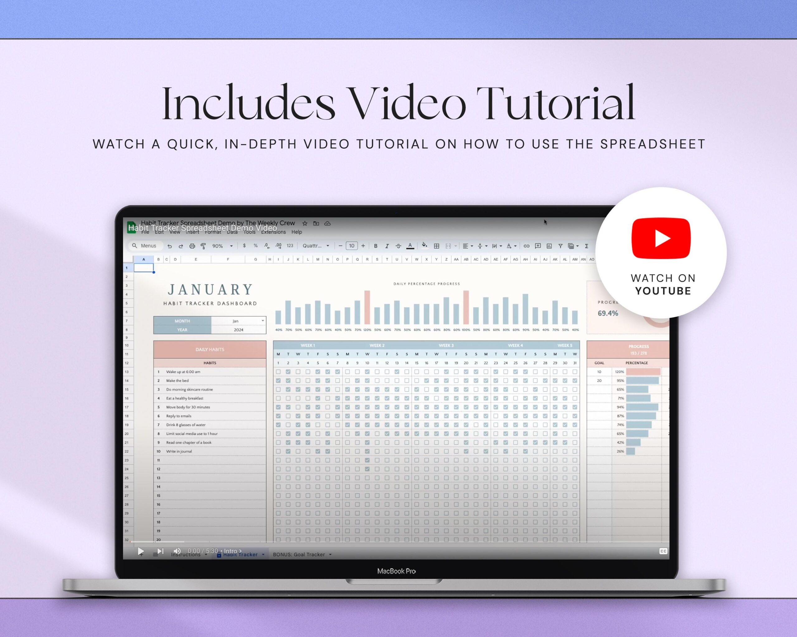 Habit Tracker Spreadsheet with Weekly Habit Planner, Goal Planner, Daily Routine Tracker, To Do List and Monthly Time Management