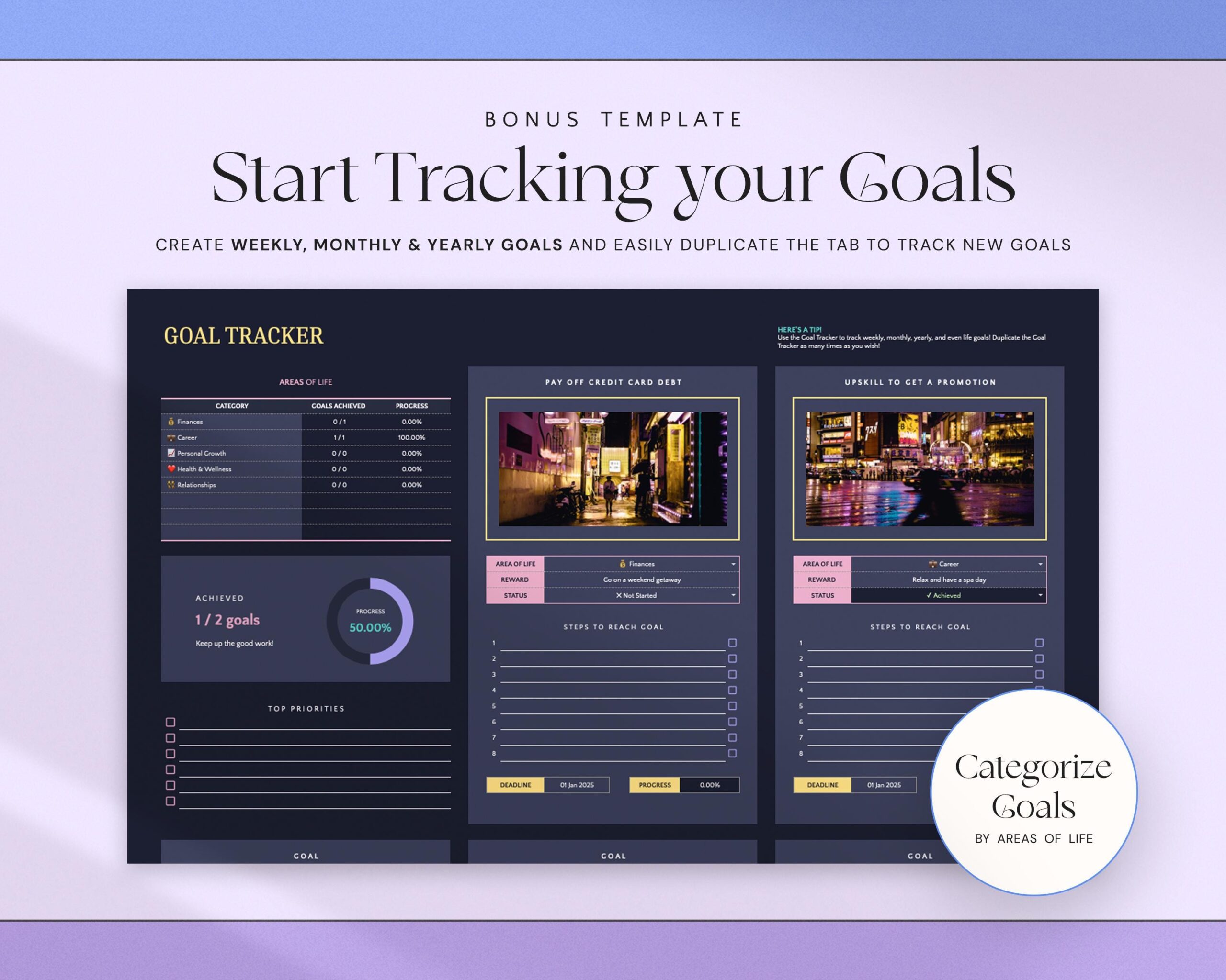 Habit Tracker Spreadsheet with Weekly Habit Planner, Goal Planner, Daily Routine Tracker, To Do List and Monthly Time Management