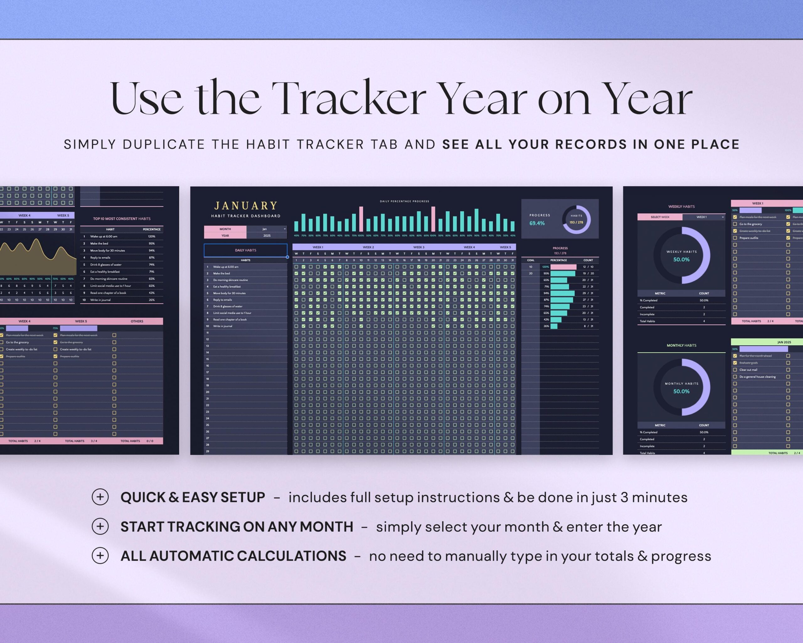 Habit Tracker Spreadsheet with Weekly Habit Planner, Goal Planner, Daily Routine Tracker, To Do List and Monthly Time Management