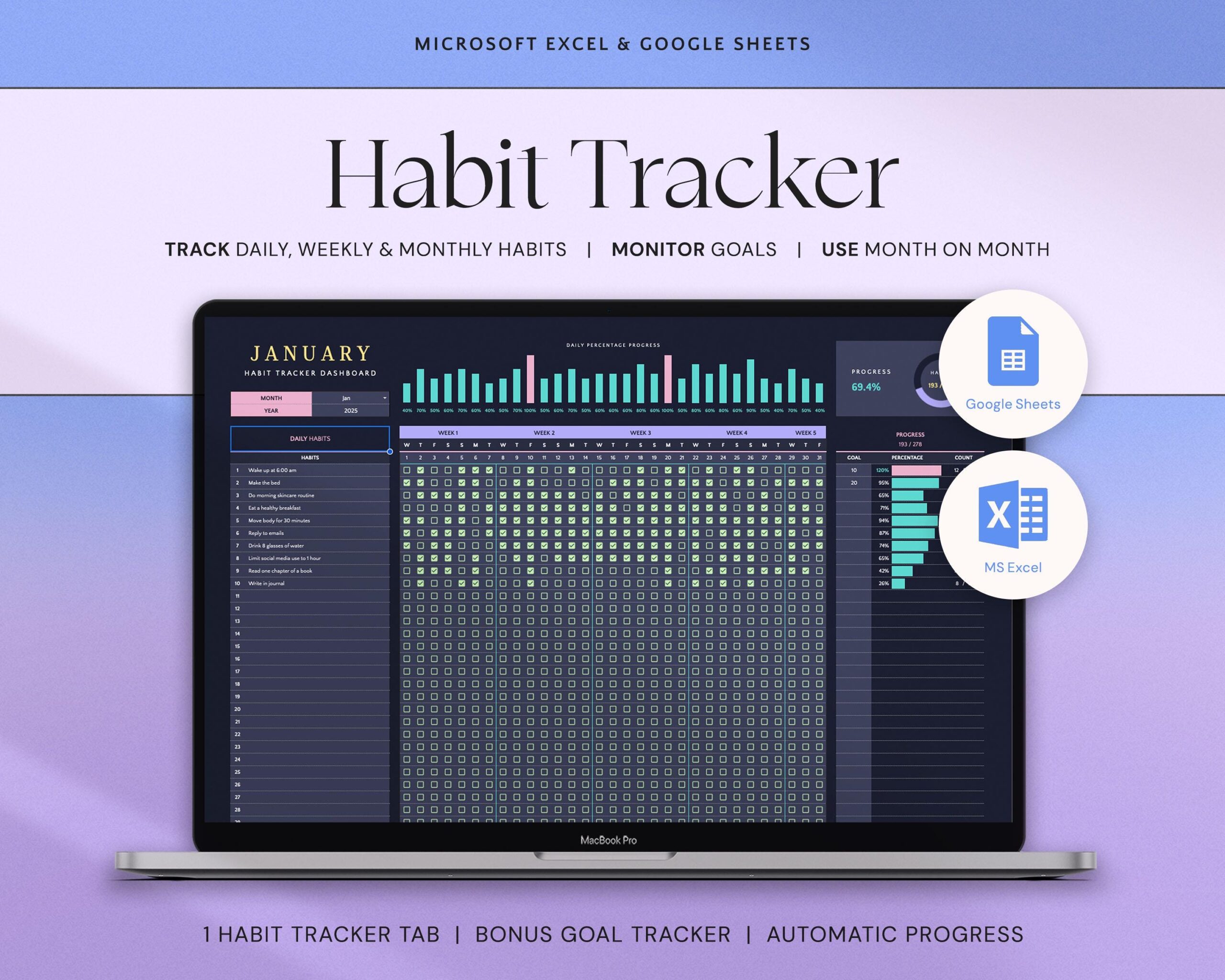 Habit Tracker Spreadsheet with Weekly Habit Planner, Goal Planner, Daily Routine Tracker, To Do List and Monthly Time Management
