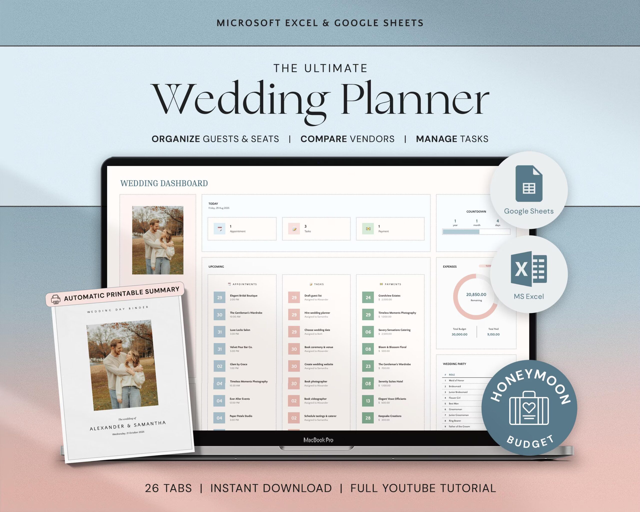 Wedding Planner Spreadsheet with Budget Tracker, Guest List, Seating Plan, Checklist, Timeline and Itinerary