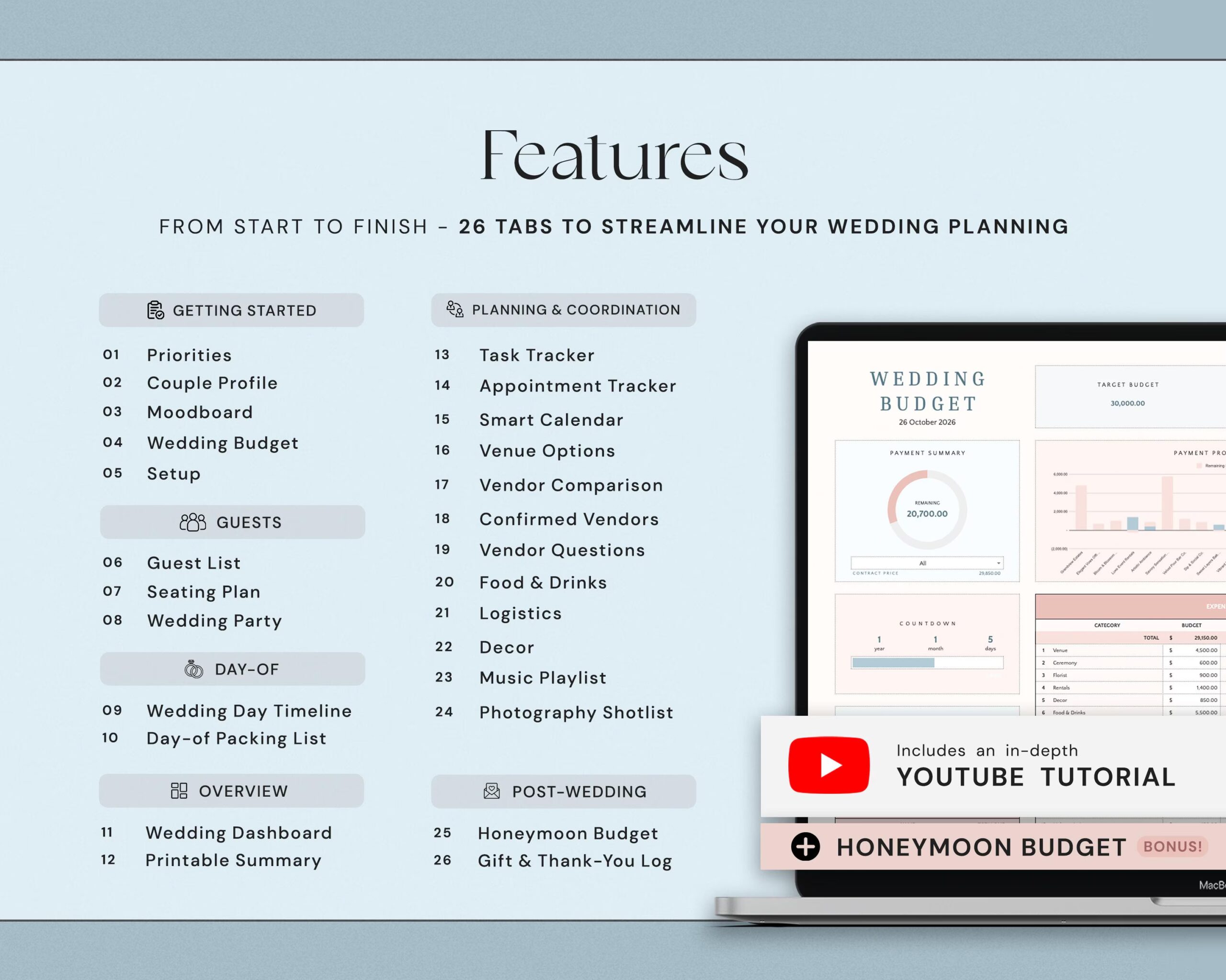 Wedding Planner Spreadsheet with Budget Tracker, Guest List, Seating Plan, Checklist, Timeline and Itinerary