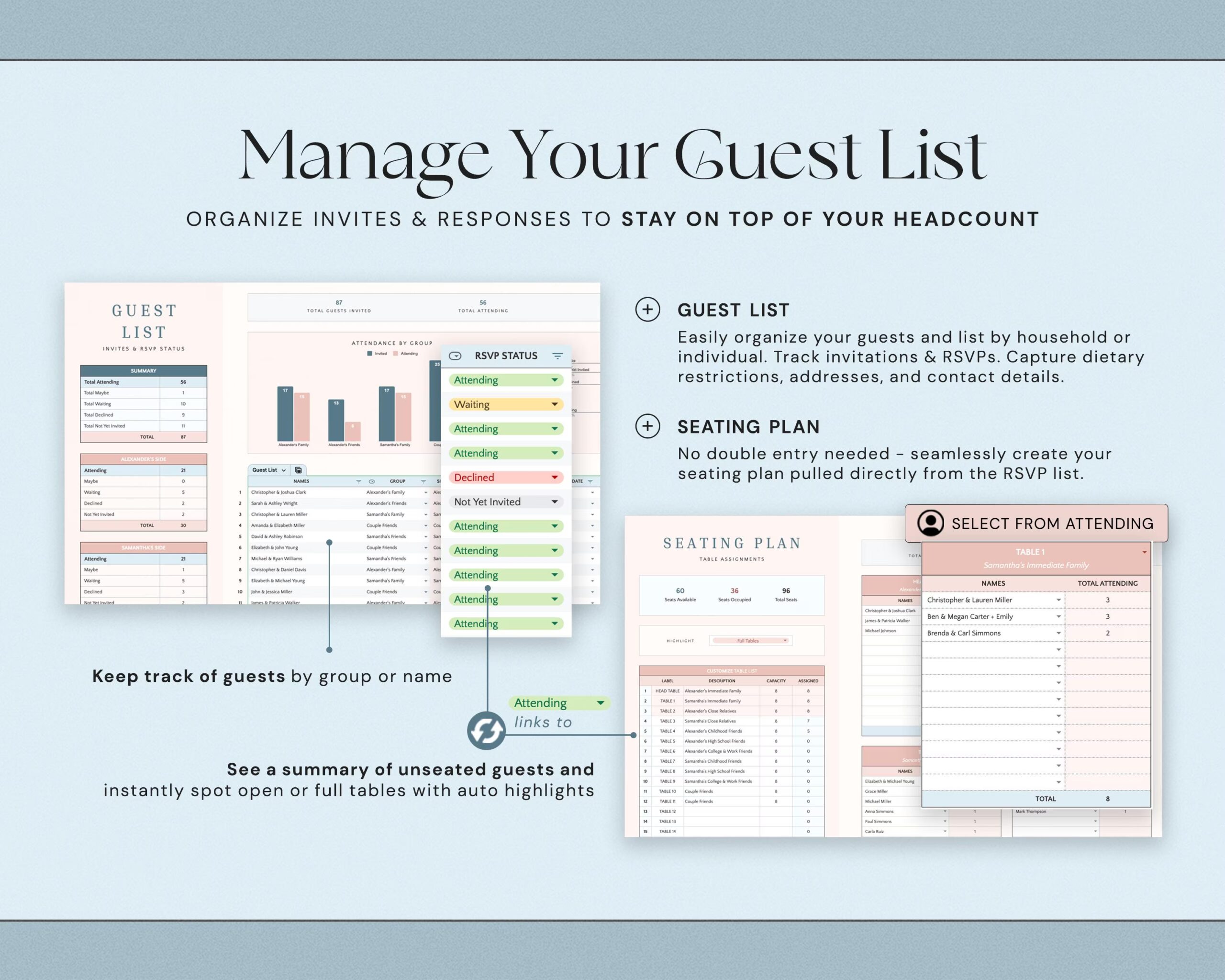 Wedding Planner Spreadsheet with Budget Tracker, Guest List, Seating Plan, Checklist, Timeline and Itinerary