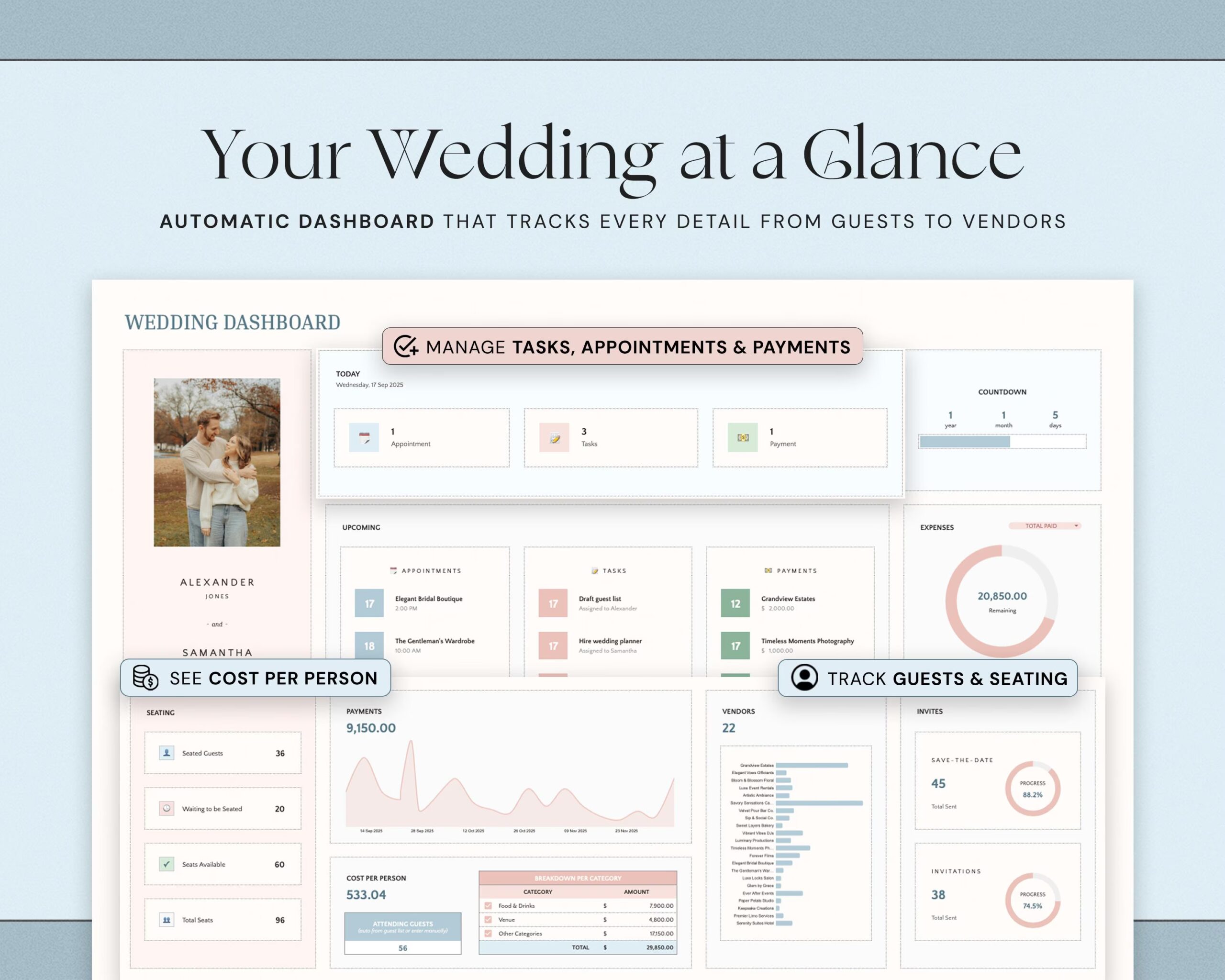 Wedding Planner Spreadsheet with Budget Tracker, Guest List, Seating Plan, Checklist, Timeline and Itinerary