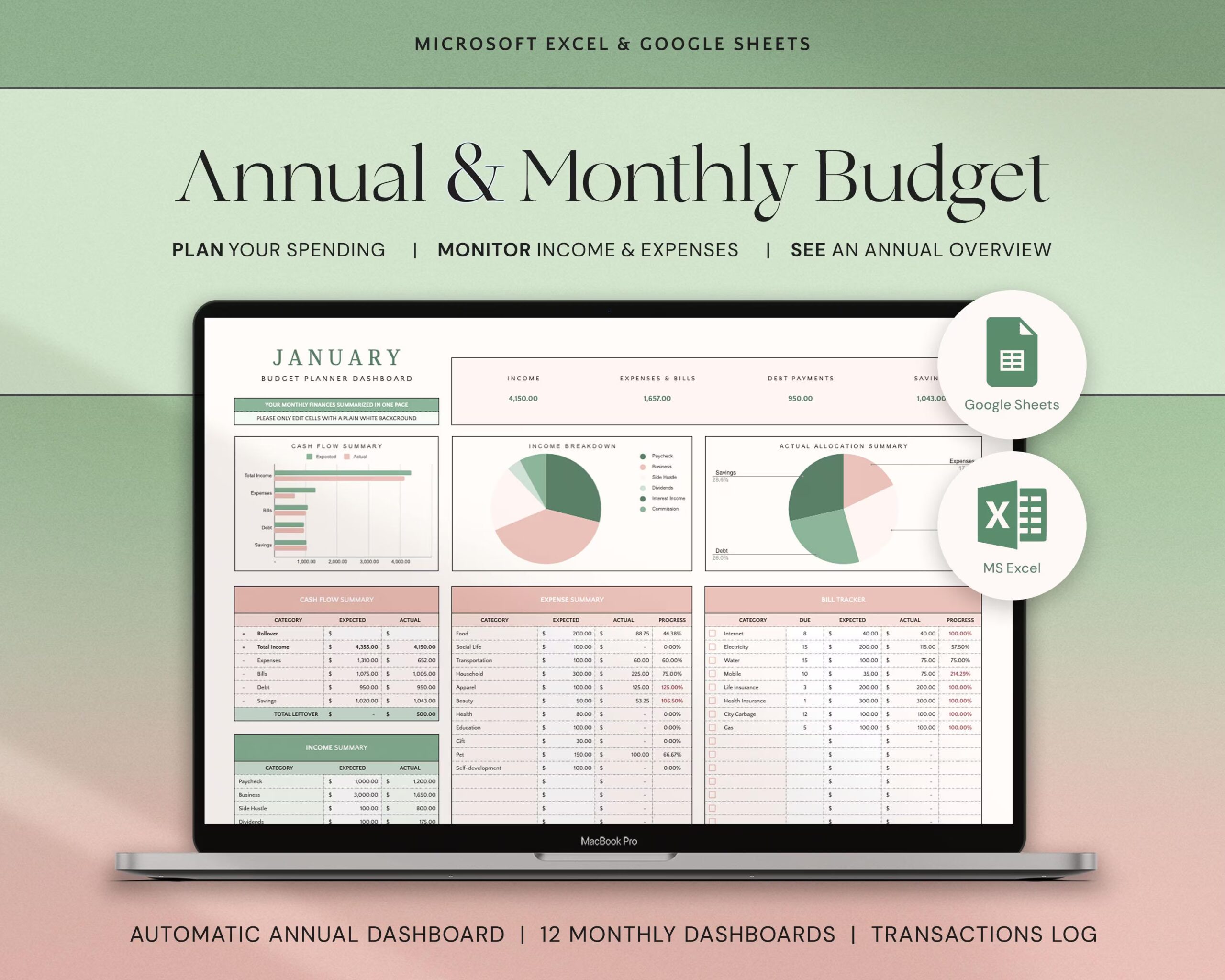 Annual Budget Spreadsheet with Yearly Budget Template, Monthly Budget Planner, Financial Planner, Budget Dashboard and Expense Tracker