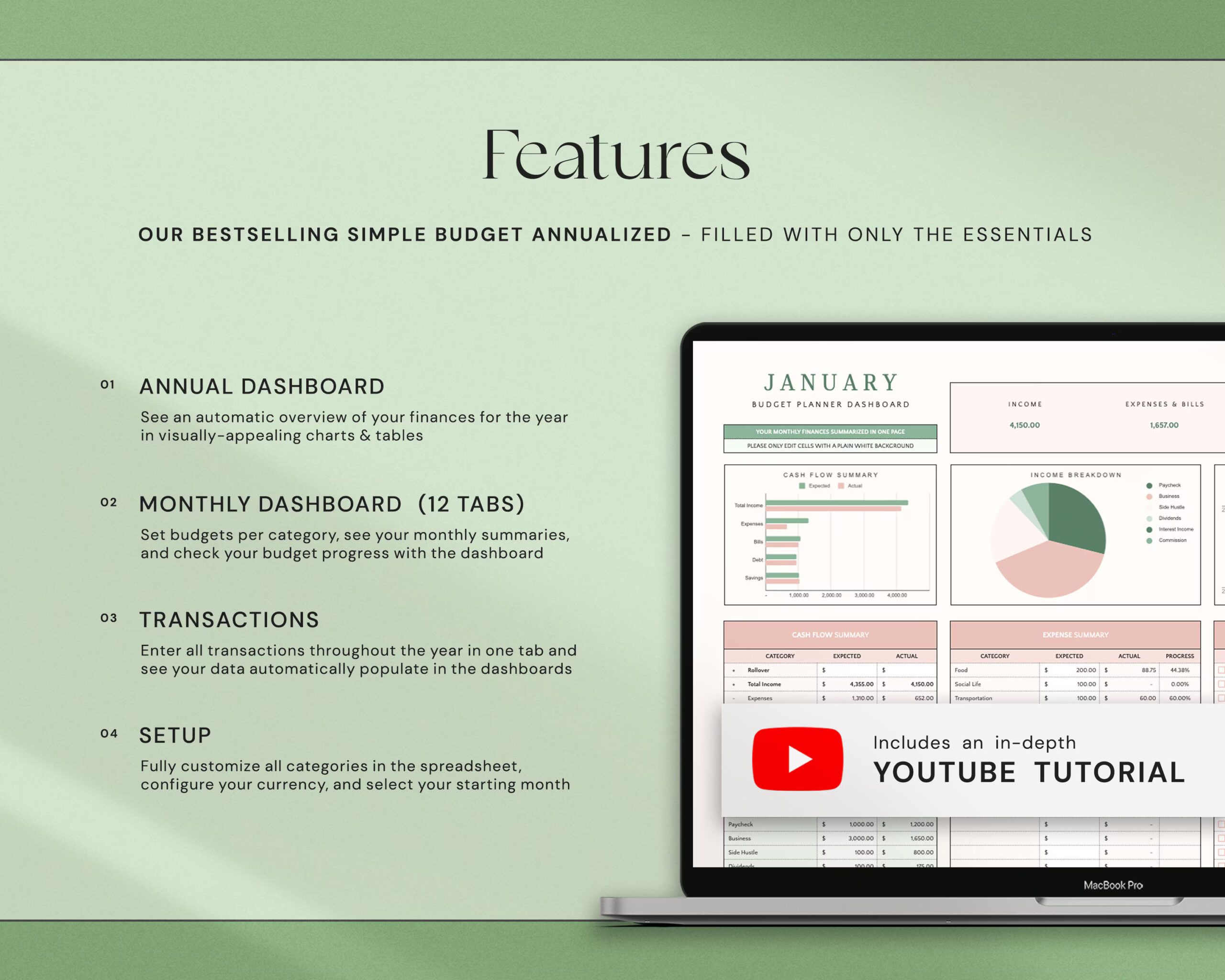 Annual Budget Spreadsheet with Yearly Budget Template, Monthly Budget Planner, Financial Planner, Budget Dashboard and Expense Tracker