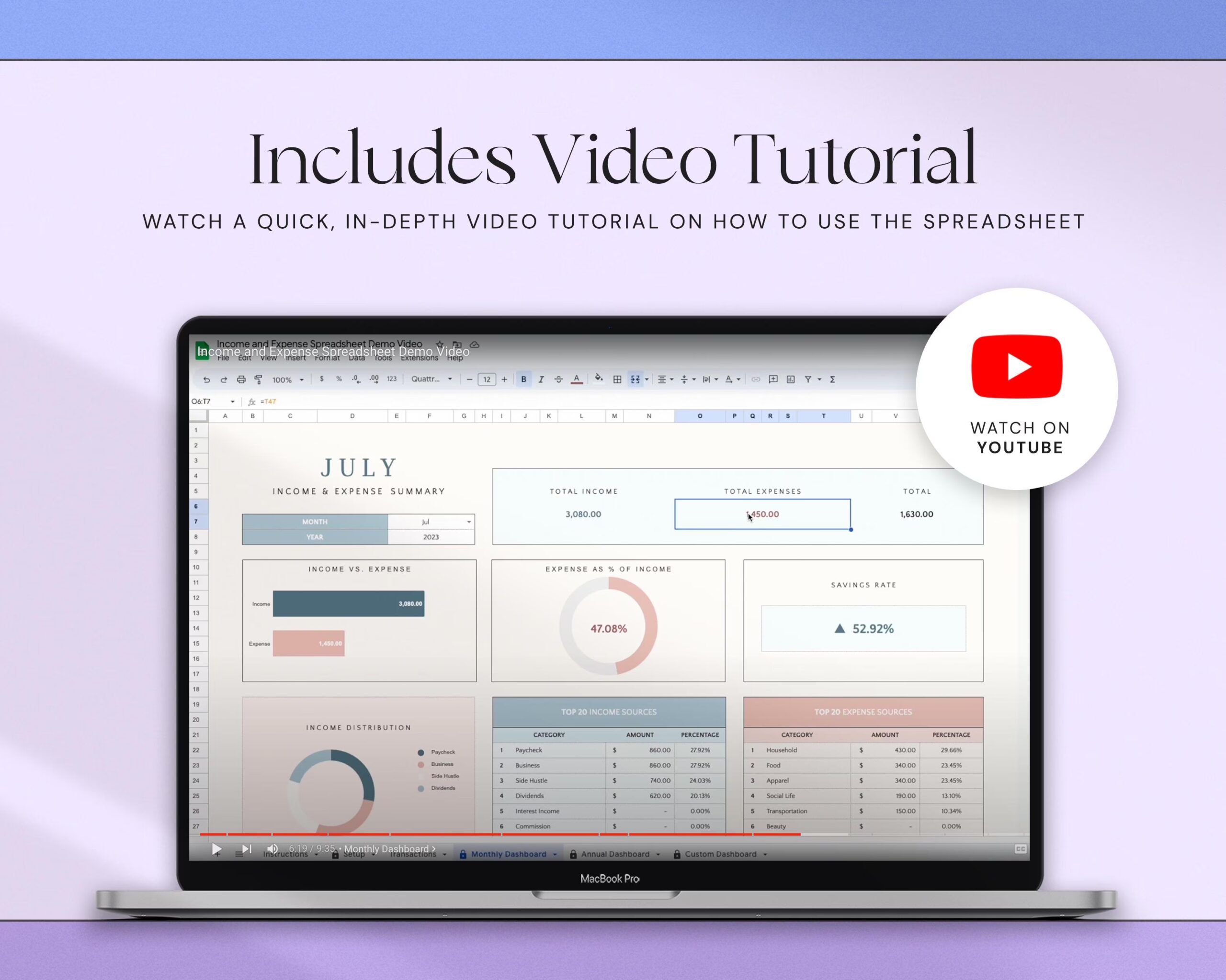 Income and Expense Tracker with Monthly Expenses Spreadsheet, Profit and Loss Bookkeeping Template and Financial Planner Dark Mode
