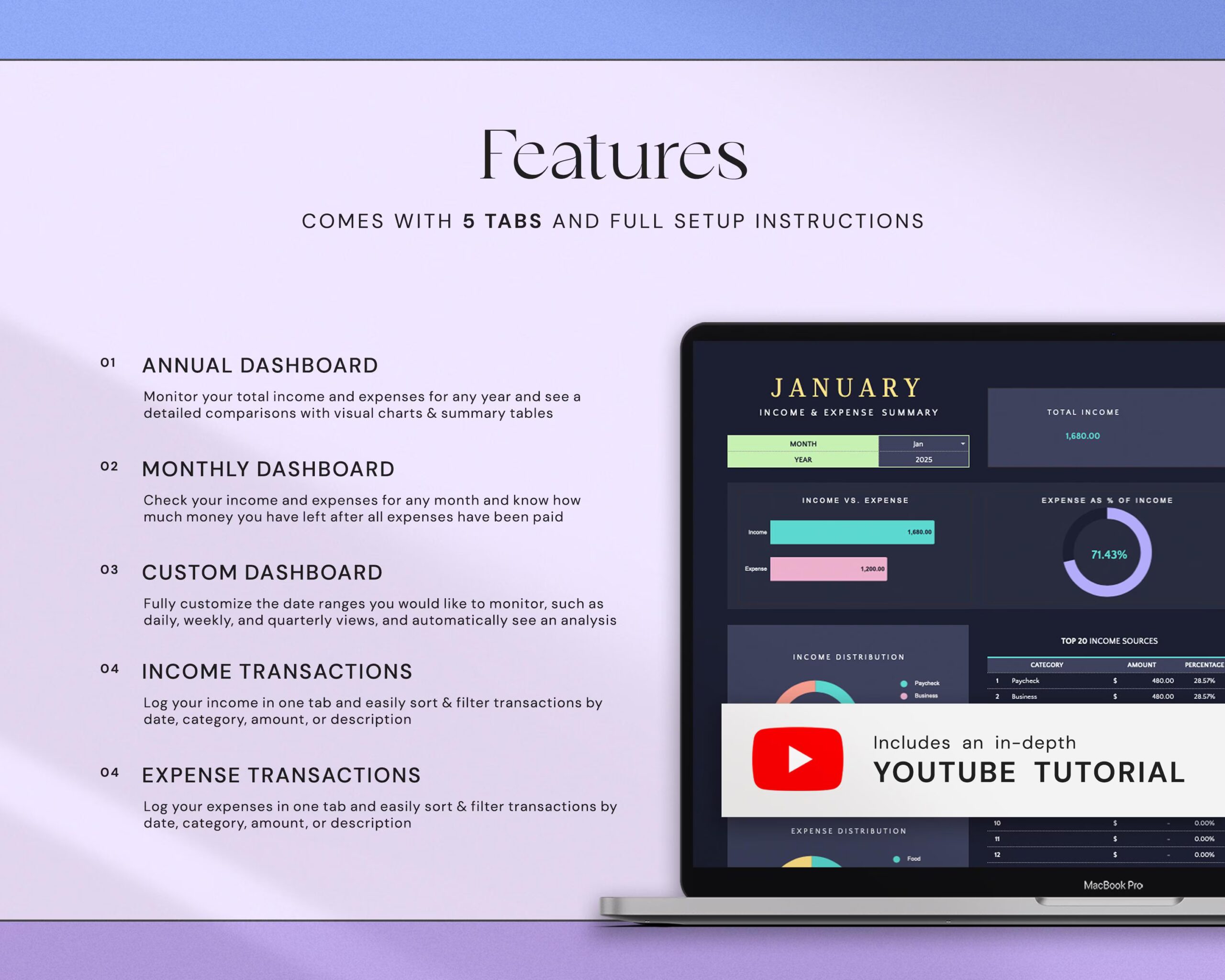 Income and Expense Tracker with Monthly Expenses Spreadsheet, Profit and Loss Bookkeeping Template and Financial Planner Dark Mode