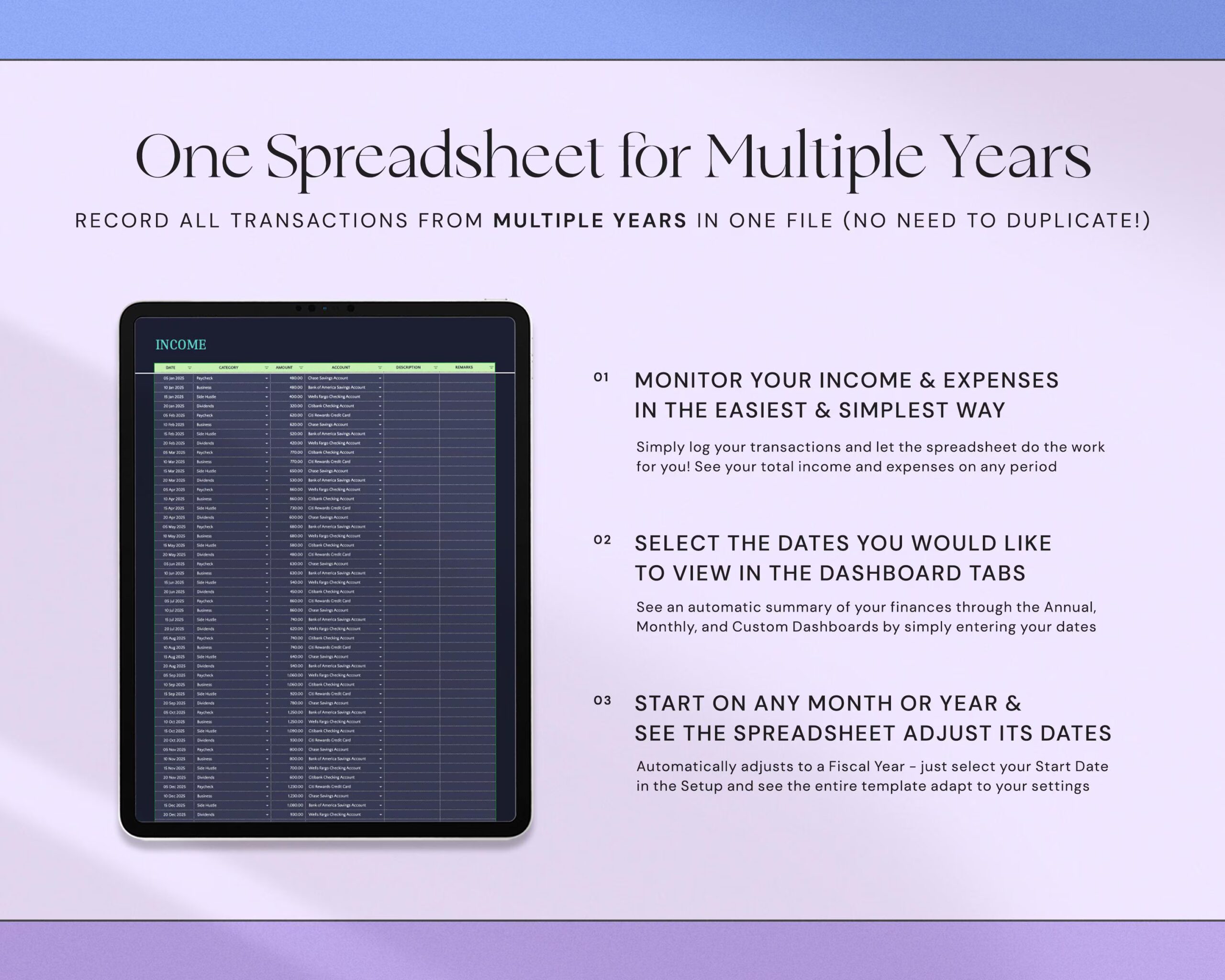 Income and Expense Tracker with Monthly Expenses Spreadsheet, Profit and Loss Bookkeeping Template and Financial Planner Dark Mode