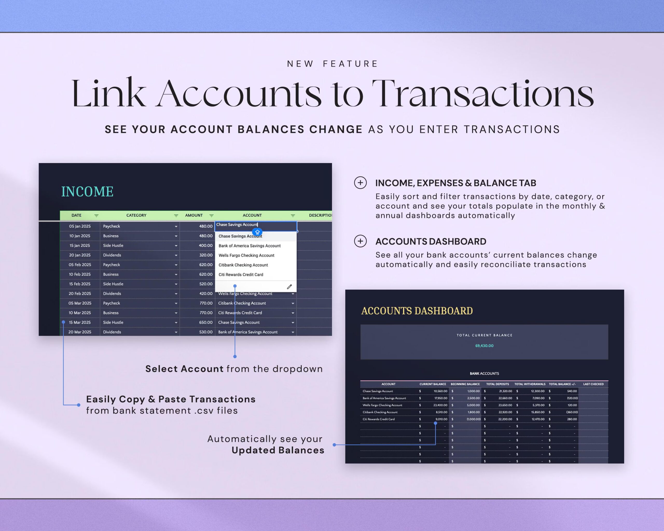 Income and Expense Tracker with Monthly Expenses Spreadsheet, Profit and Loss Bookkeeping Template and Financial Planner Dark Mode