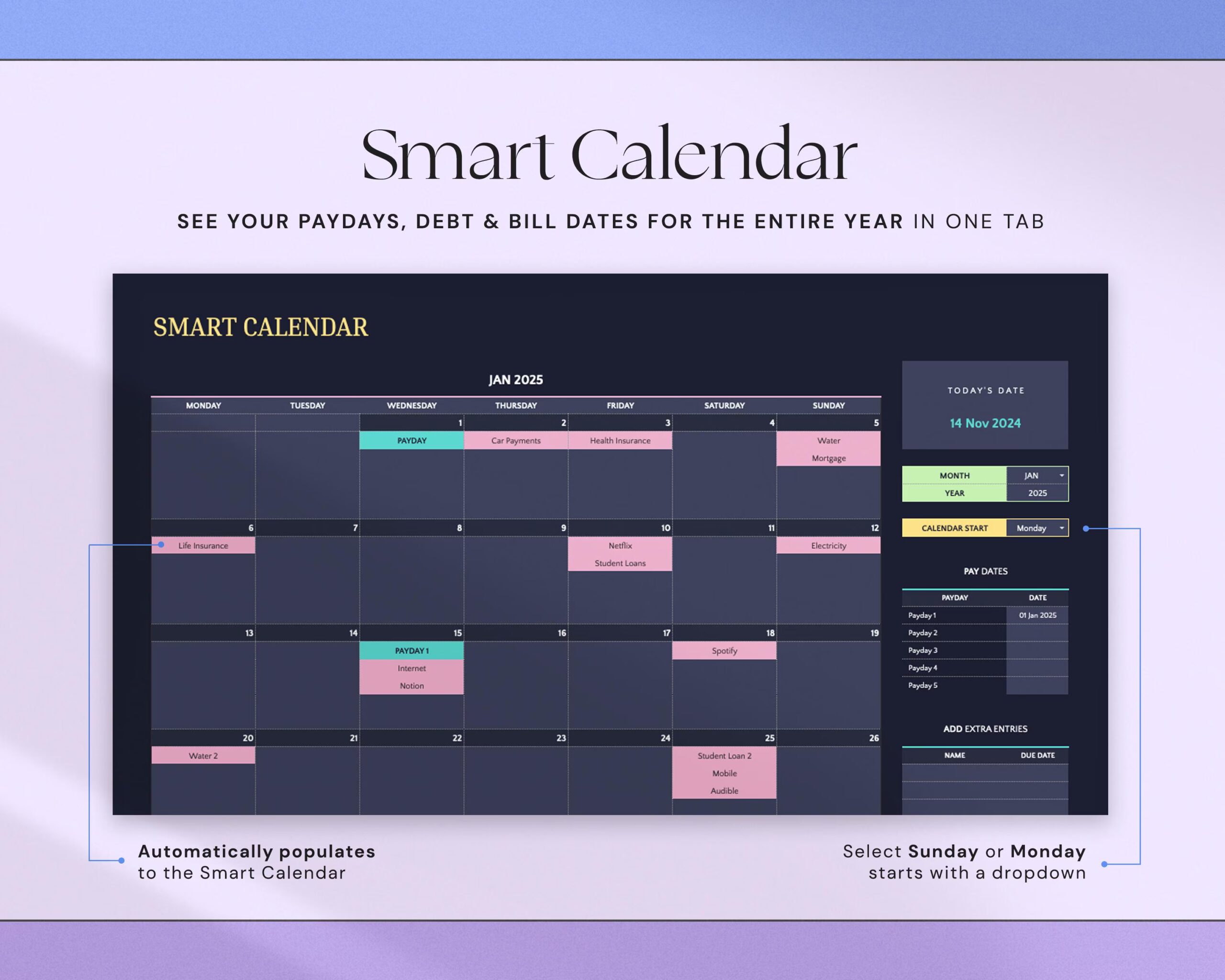 Ultimate Annual Budget Spreadsheet with Monthly Budget Planner, Family Weekly Budget and Yearly Budget Tracker Dark Mode