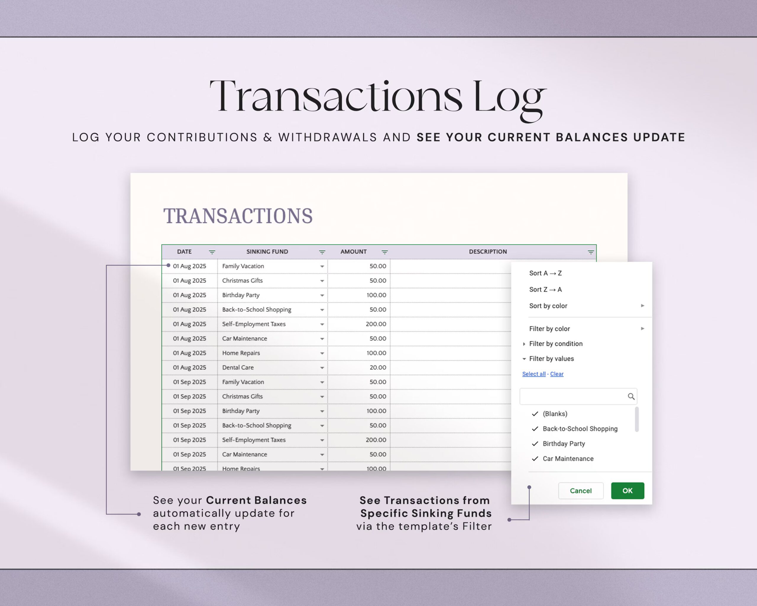 Sinking Funds Tracker Spreadsheet with Savings Tracker, Personal Finance Planner and Cash Savings Template