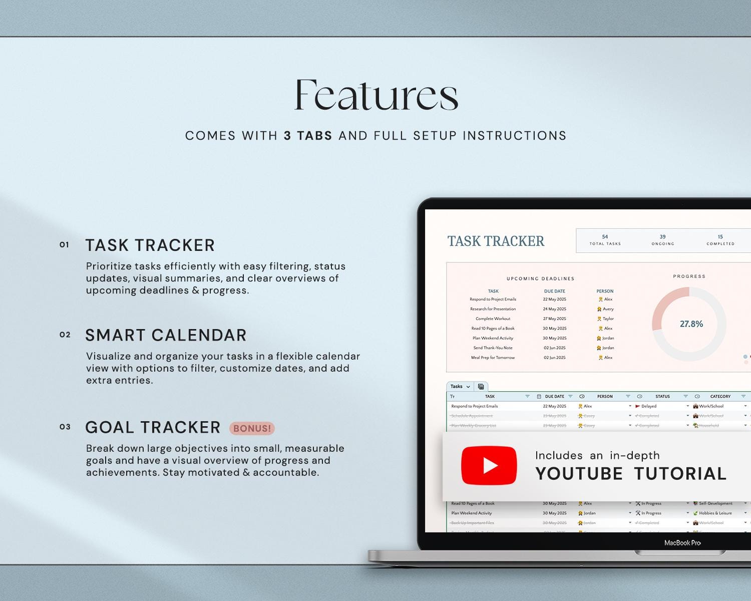 Task Tracker Spreadsheet with Productivity Tracker, To Do List, Task Manager, Work Planner, Small Business Organizer and Time Calendar Template