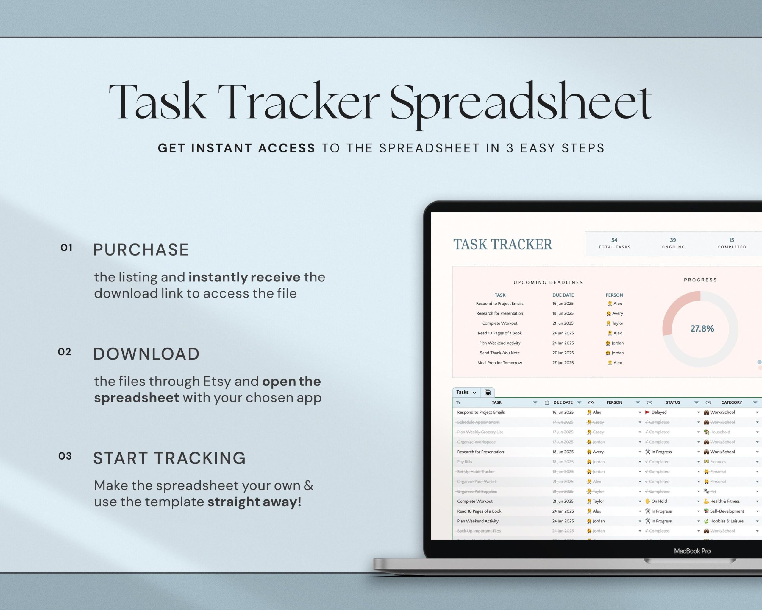 Task Tracker Spreadsheet with Productivity Tracker, To Do List, Task Manager, Work Planner, Small Business Organizer and Time Calendar Template
