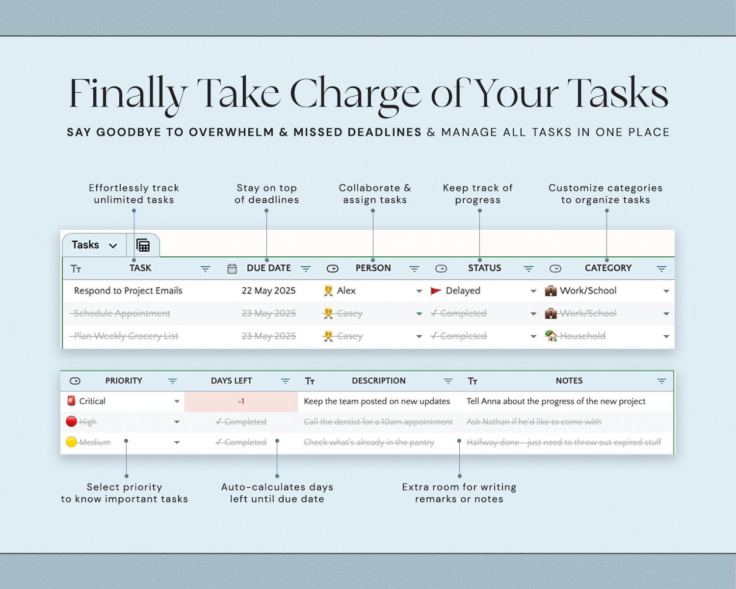 Task Tracker Spreadsheet with Productivity Tracker, To Do List, Task Manager, Work Planner, Small Business Organizer and Time Calendar Template