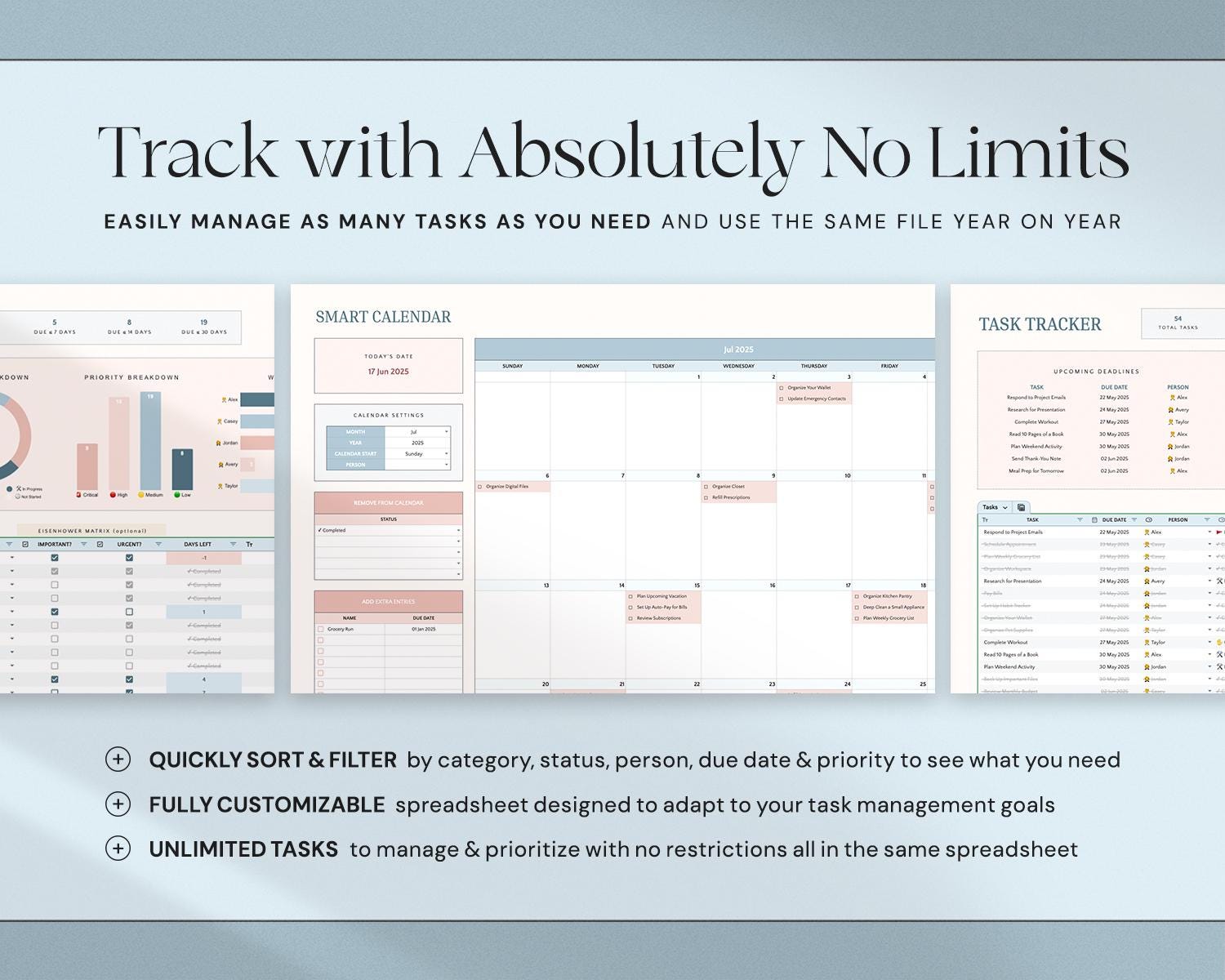 Task Tracker Spreadsheet with Productivity Tracker, To Do List, Task Manager, Work Planner, Small Business Organizer and Time Calendar Template