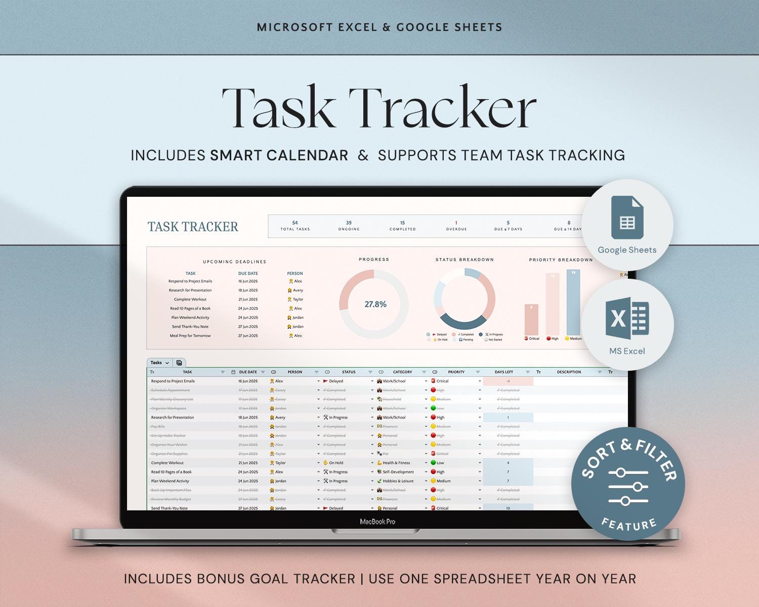 Task Tracker Spreadsheet with Productivity Tracker, To Do List, Task Manager, Work Planner, Small Business Organizer and Time Calendar Template