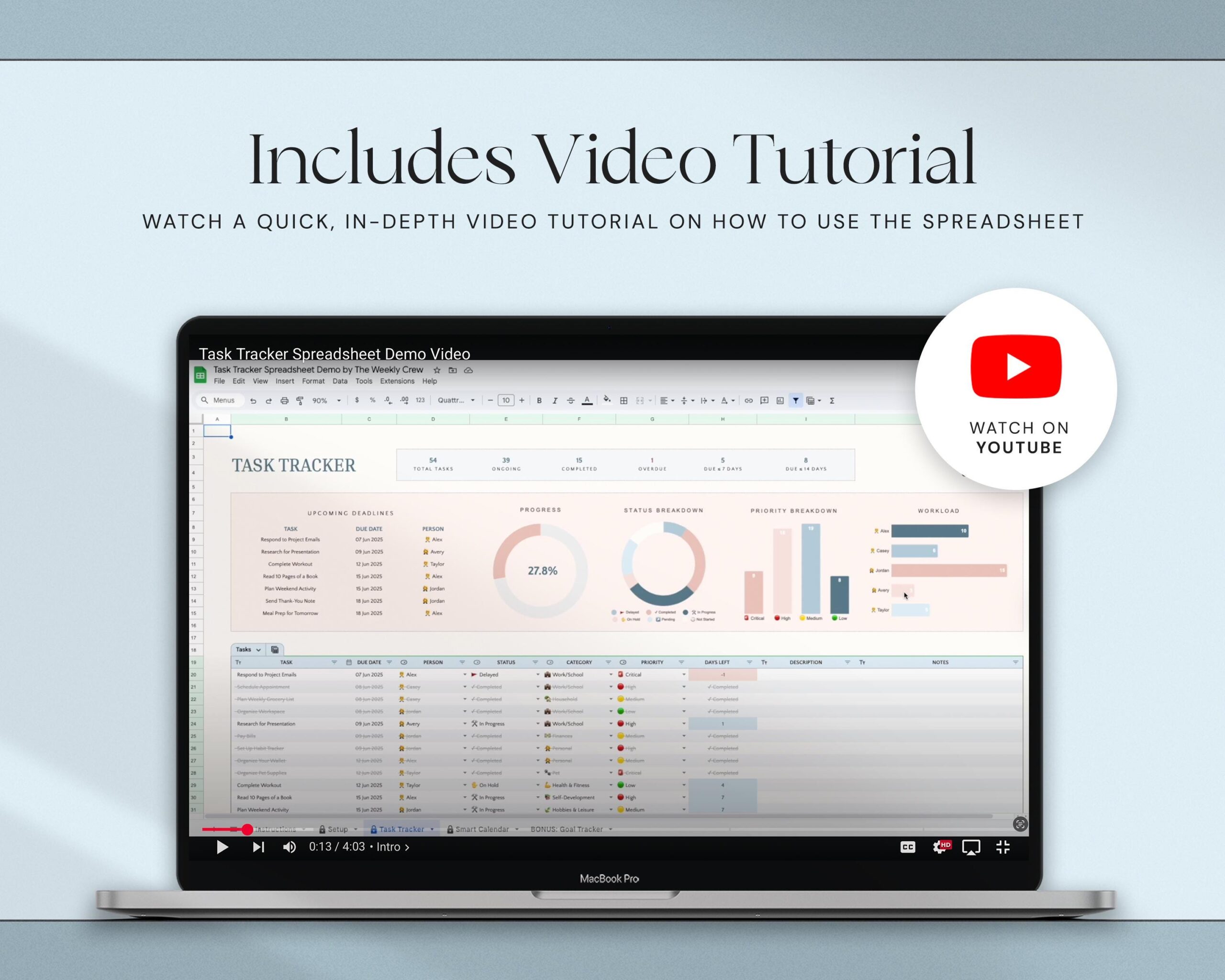 Task Tracker Spreadsheet with Productivity Tracker, To Do List, Task Manager, Work Planner, Small Business Organizer and Time Calendar Template