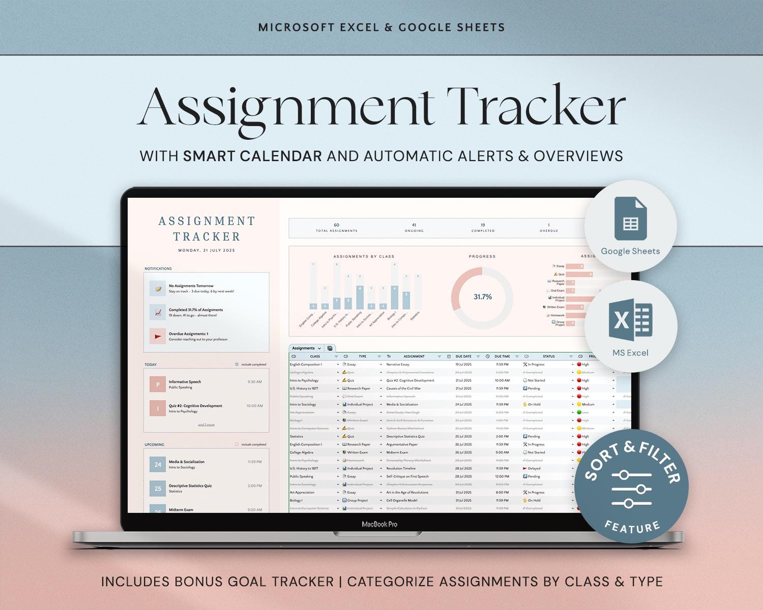 Assignment Tracker Spreadsheet with Student Planner, Academic Calendar, Class Organizer and Study Planner