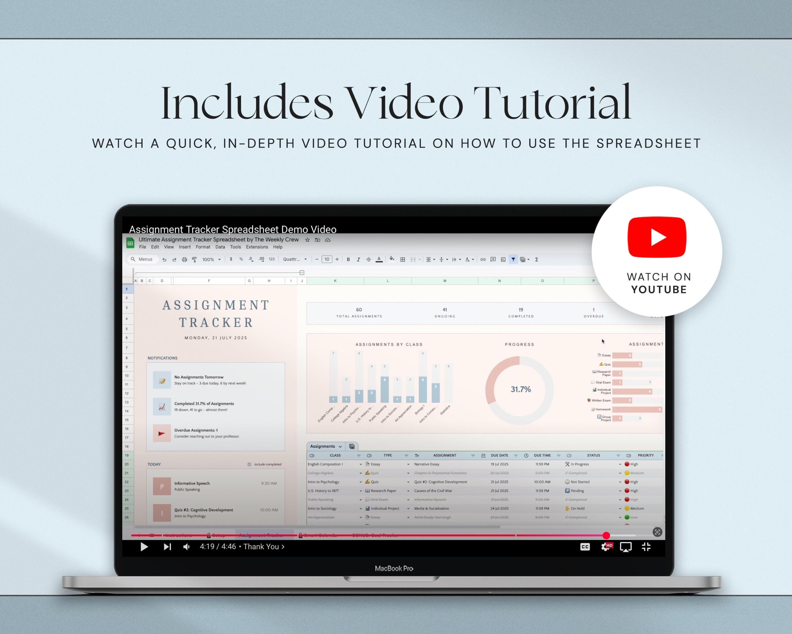 Assignment Tracker Spreadsheet with Student Planner, Academic Calendar, Class Organizer and Study Planner