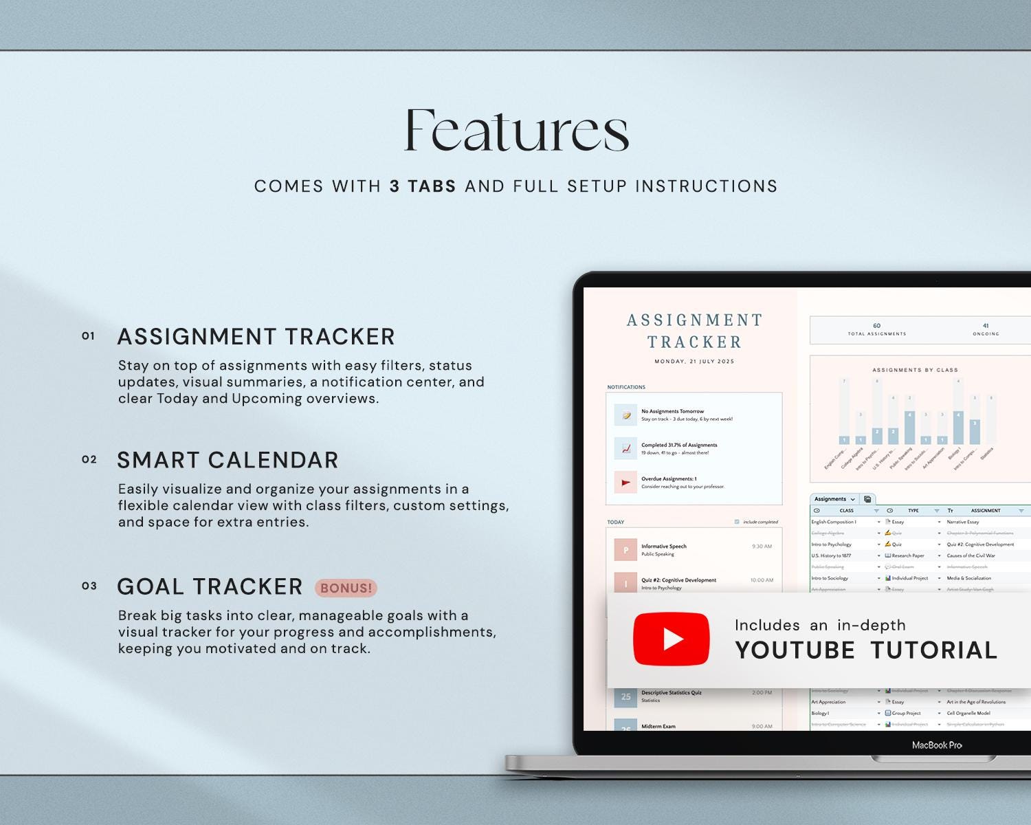 Assignment Tracker Spreadsheet with Student Planner, Academic Calendar, Class Organizer and Study Planner