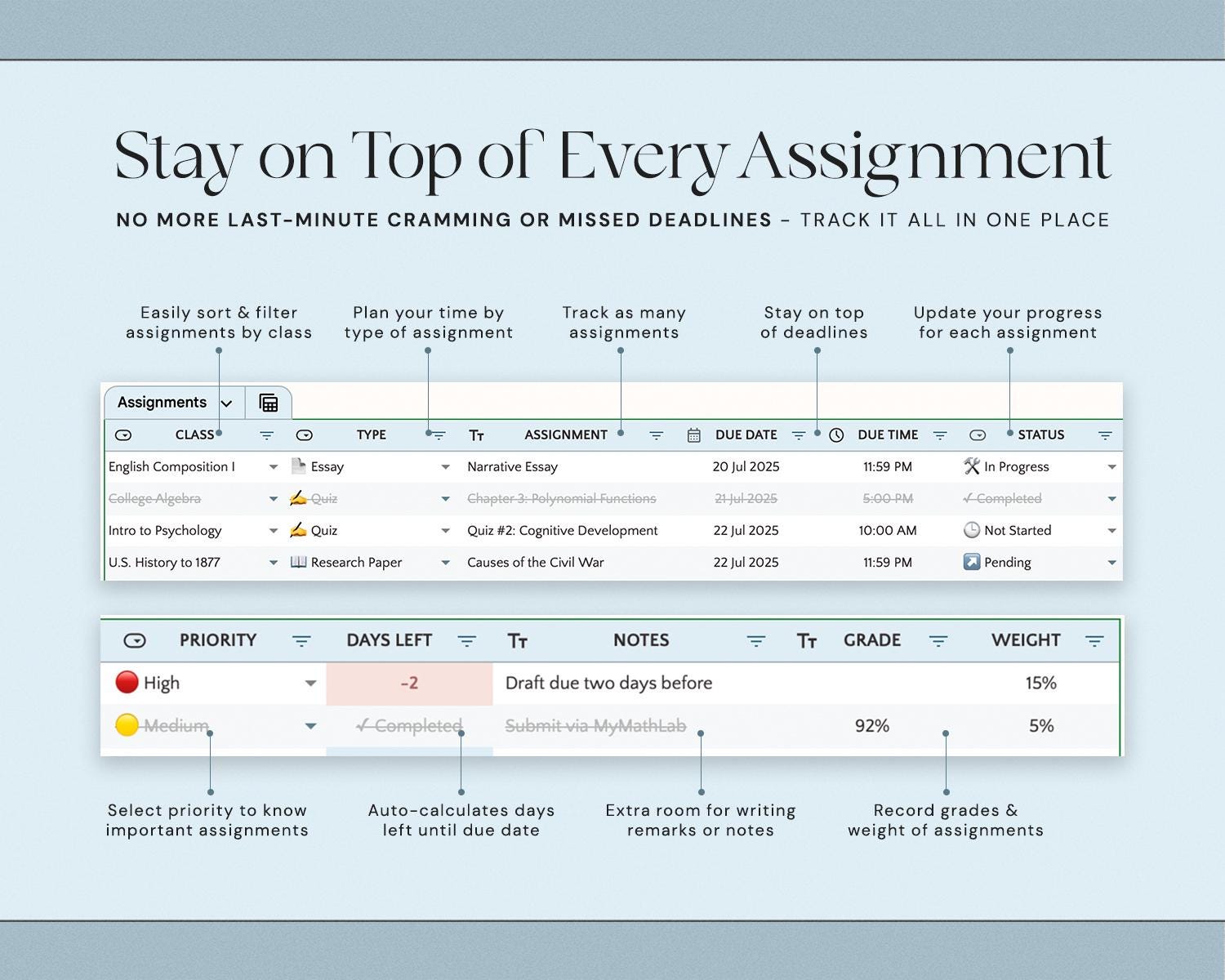 Assignment Tracker Spreadsheet with Student Planner, Academic Calendar, Class Organizer and Study Planner