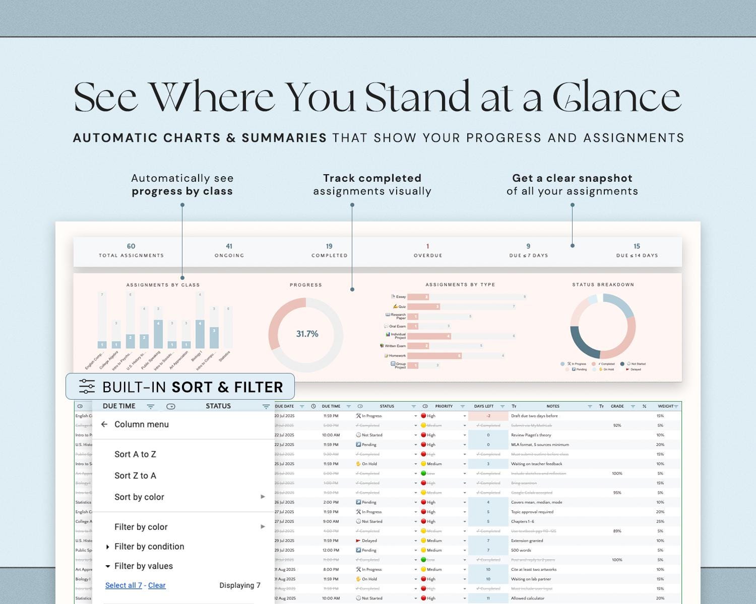 Assignment Tracker Spreadsheet with Student Planner, Academic Calendar, Class Organizer and Study Planner