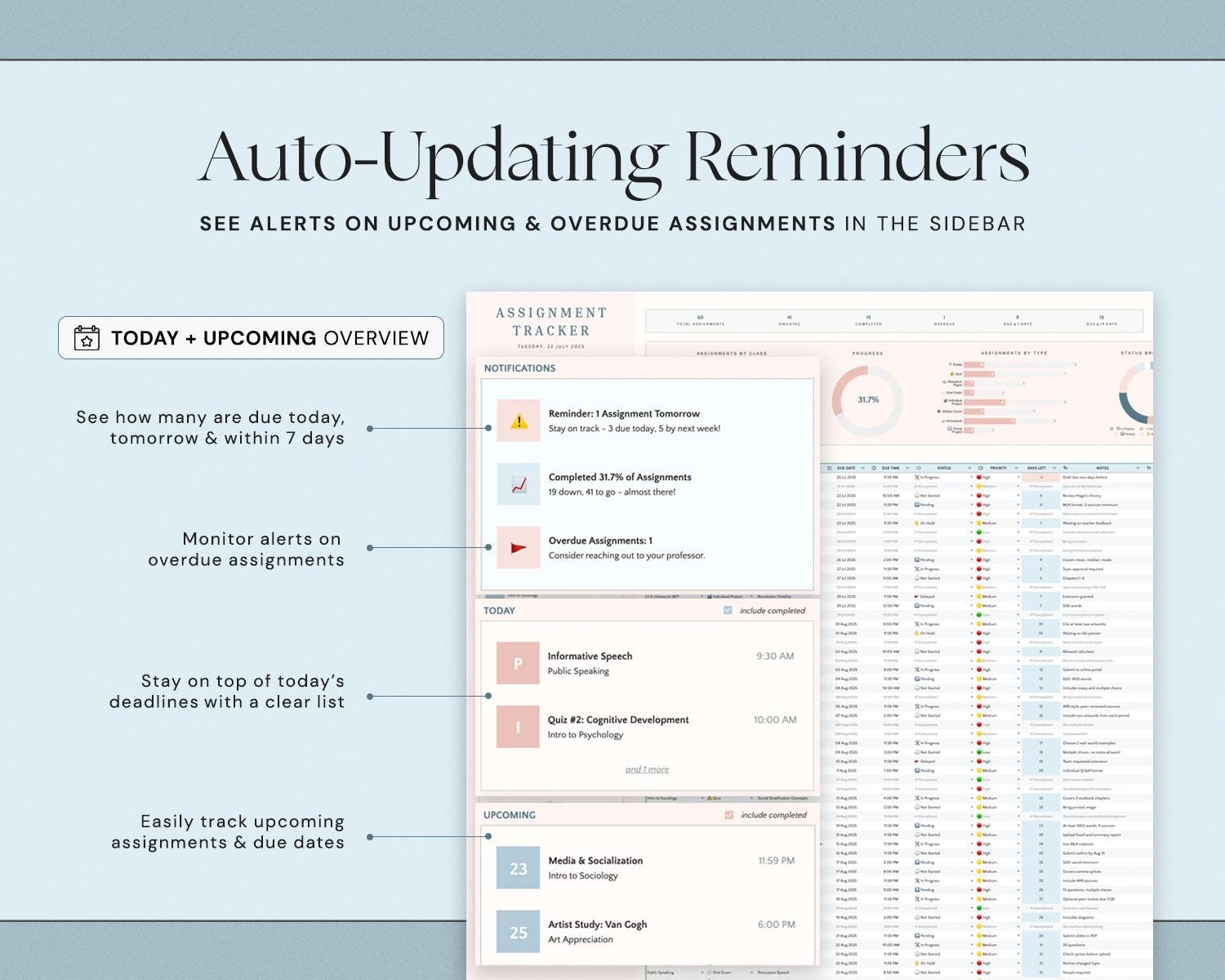 Assignment Tracker Spreadsheet with Student Planner, Academic Calendar, Class Organizer and Study Planner
