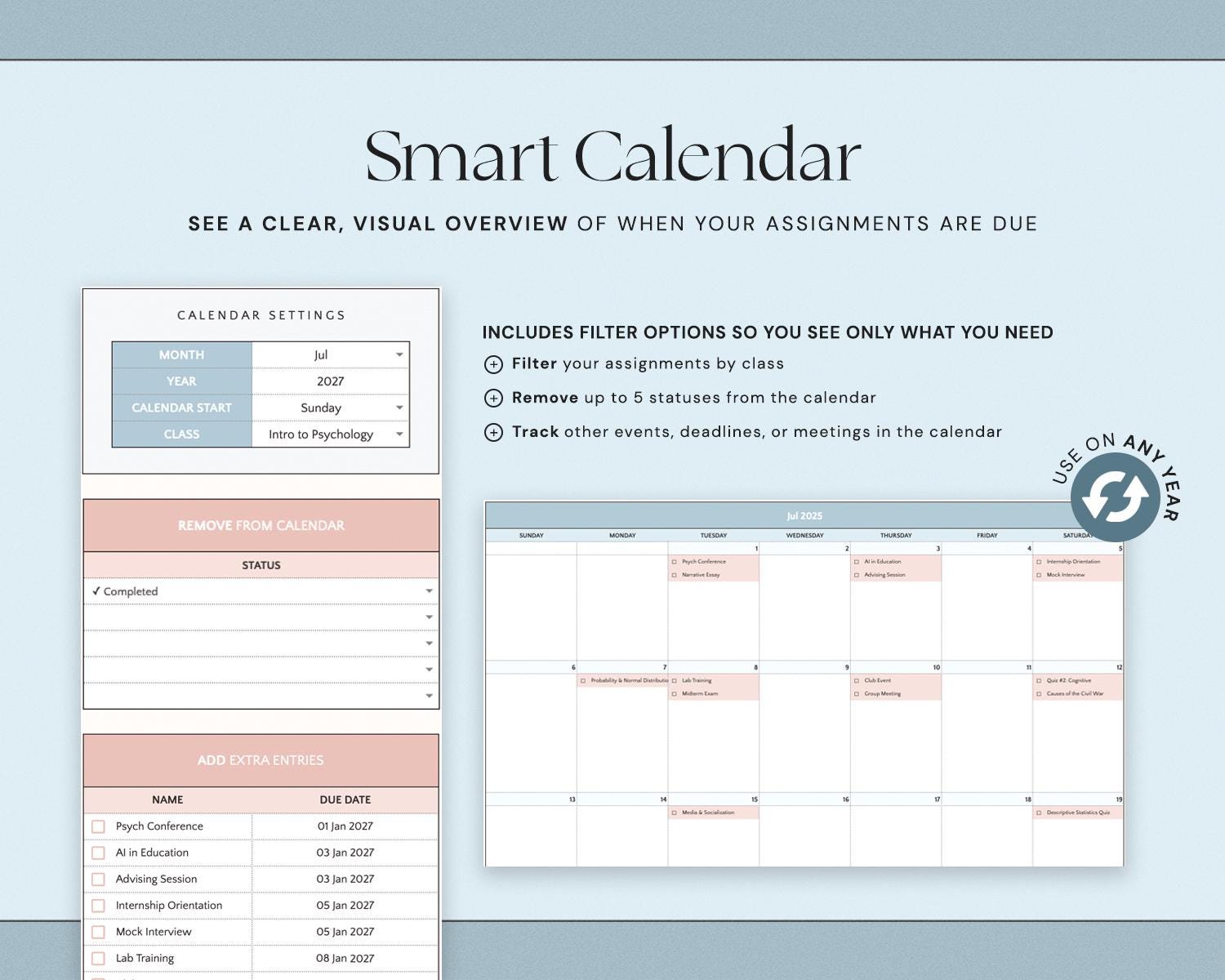 Assignment Tracker Spreadsheet with Student Planner, Academic Calendar, Class Organizer and Study Planner