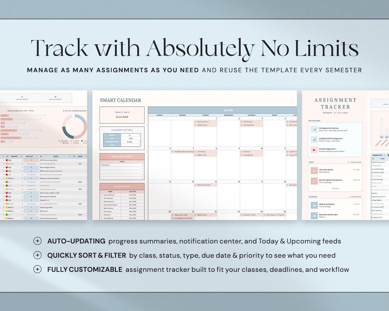 Assignment Tracker Spreadsheet with Student Planner, Academic Calendar, Class Organizer and Study Planner
