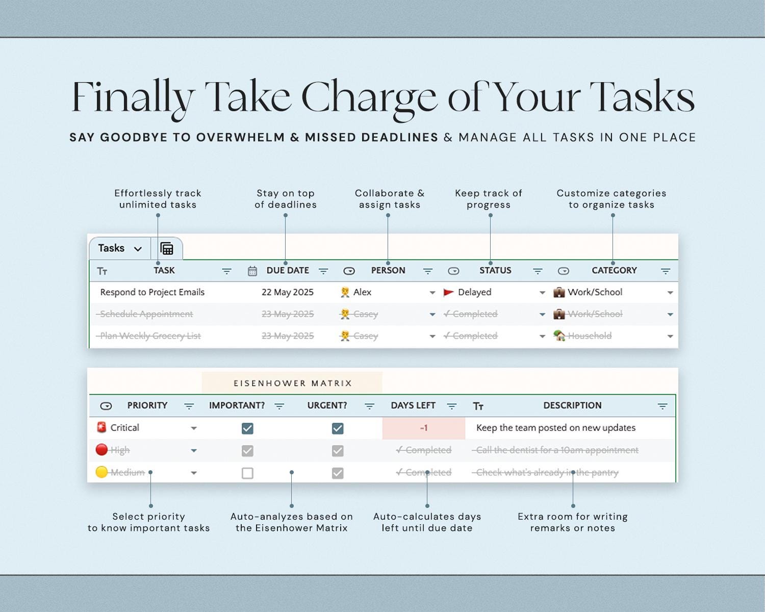 Task Tracker Spreadsheet with To Do List Template, Task Manager, Time Blocking, Eisenhower Matrix, Kanban Board and Productivity Planner