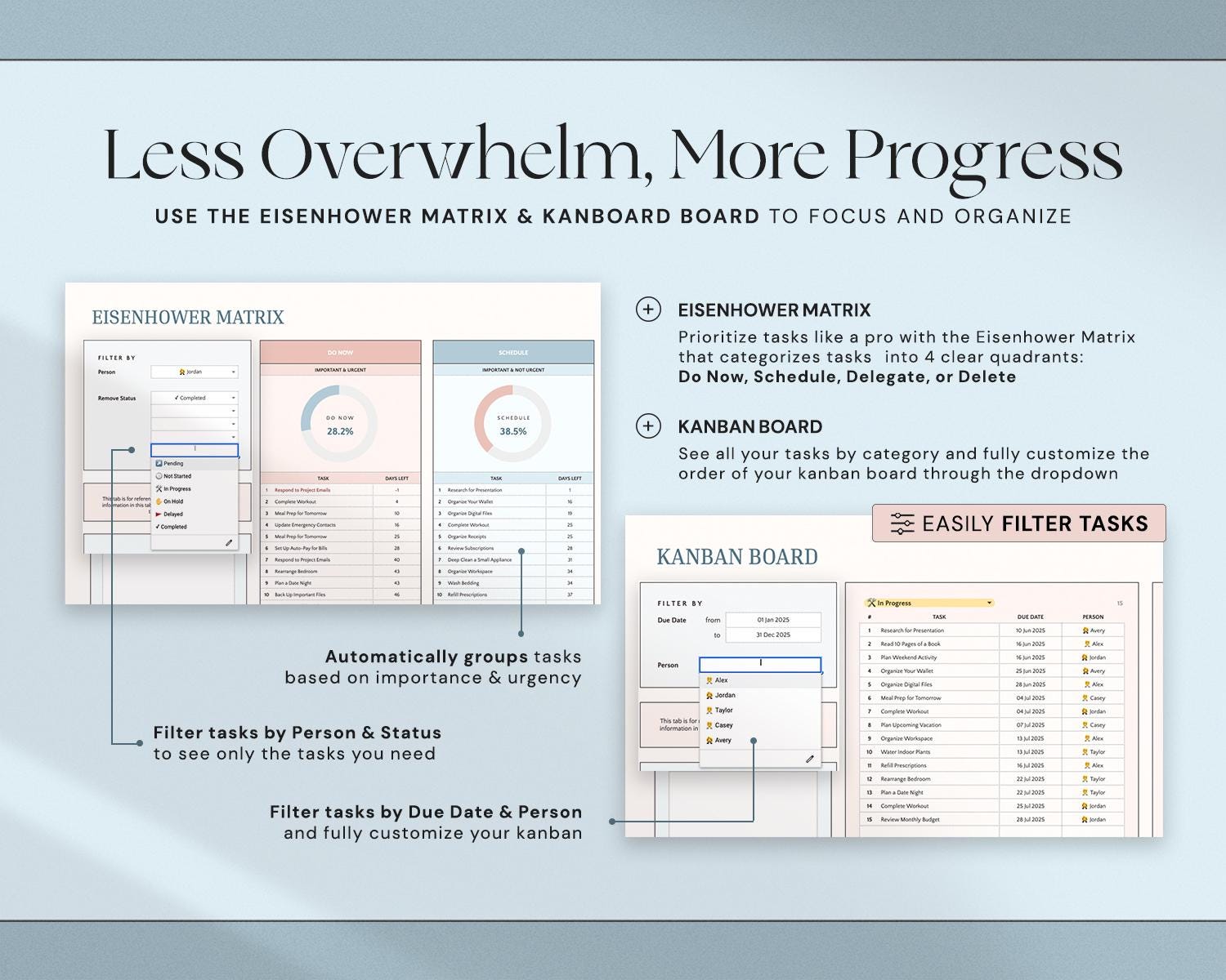 Task Tracker Spreadsheet with To Do List Template, Task Manager, Time Blocking, Eisenhower Matrix, Kanban Board and Productivity Planner