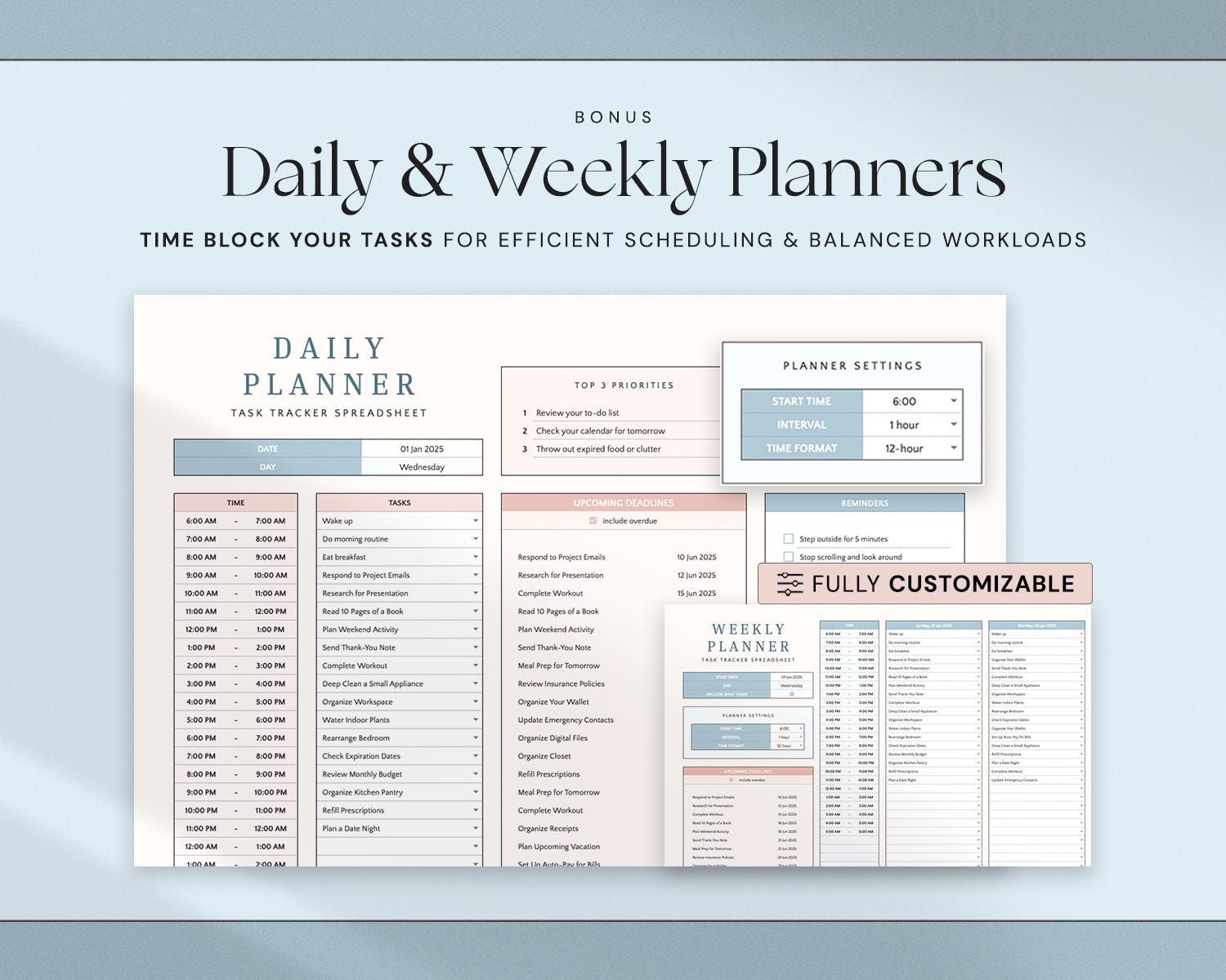 Task Tracker Spreadsheet with To Do List Template, Task Manager, Time Blocking, Eisenhower Matrix, Kanban Board and Productivity Planner