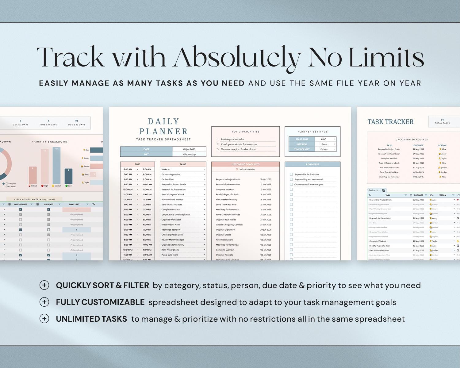 Task Tracker Spreadsheet with To Do List Template, Task Manager, Time Blocking, Eisenhower Matrix, Kanban Board and Productivity Planner