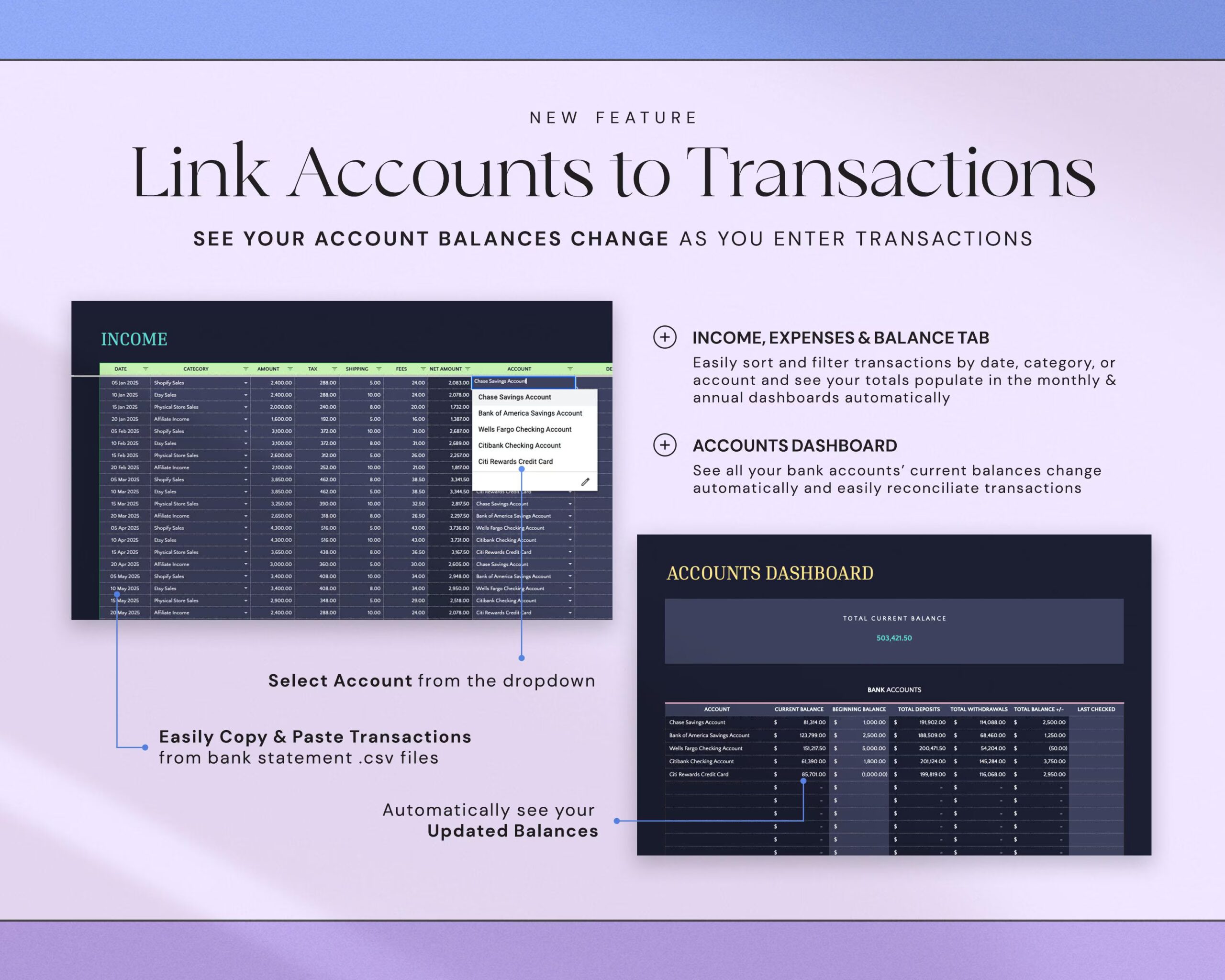 Small Business Bookkeeping Template with Income and Expense Tracker, Accounting Spreadsheet and Profit and Loss Tracker Dark Mode