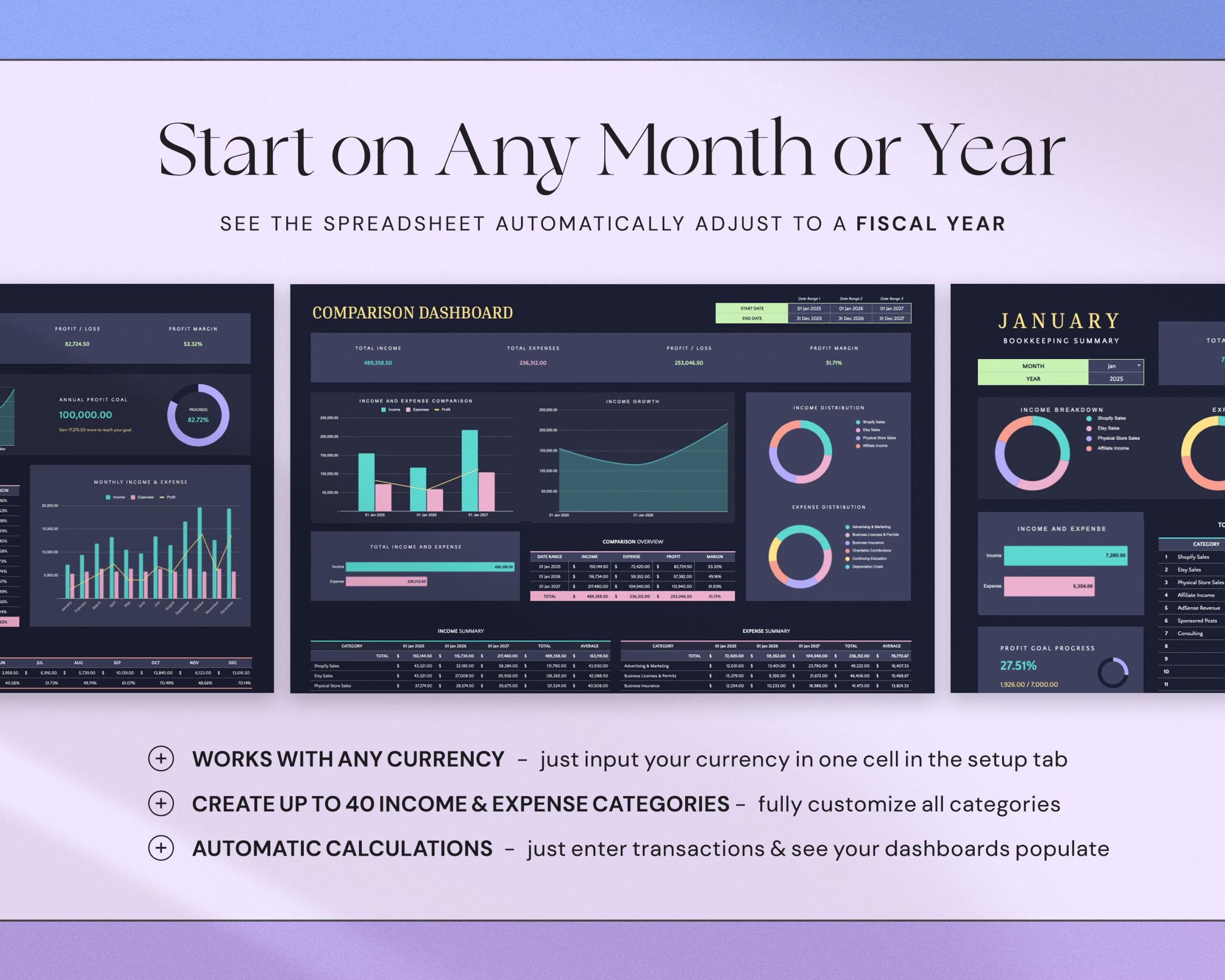 Small Business Bookkeeping Template with Income and Expense Tracker, Accounting Spreadsheet and Profit and Loss Tracker Dark Mode