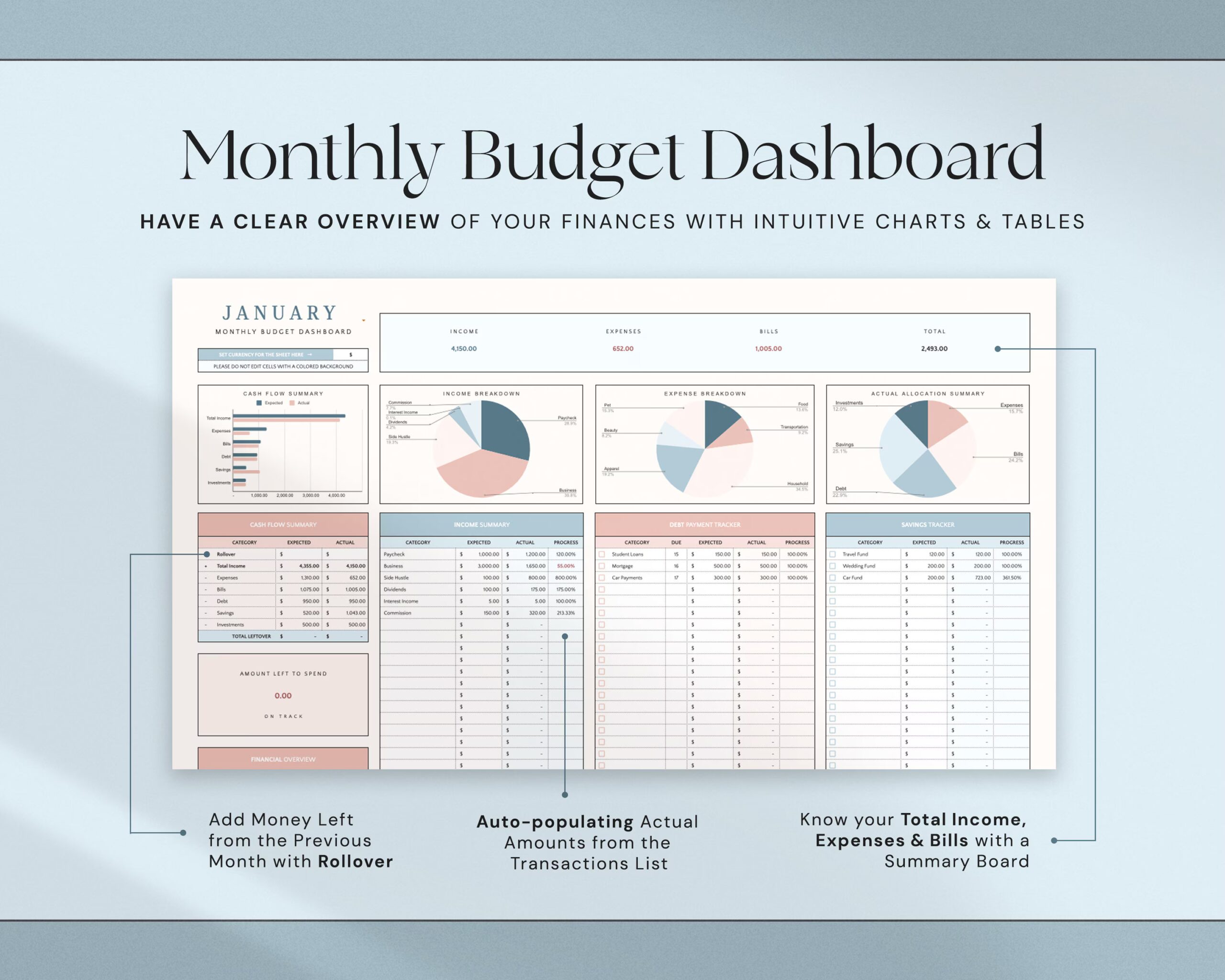 Monthly Budget Spreadsheet with Budget Dashboard, Finance Tracker, Personal Budget Planner and Bill Calendar