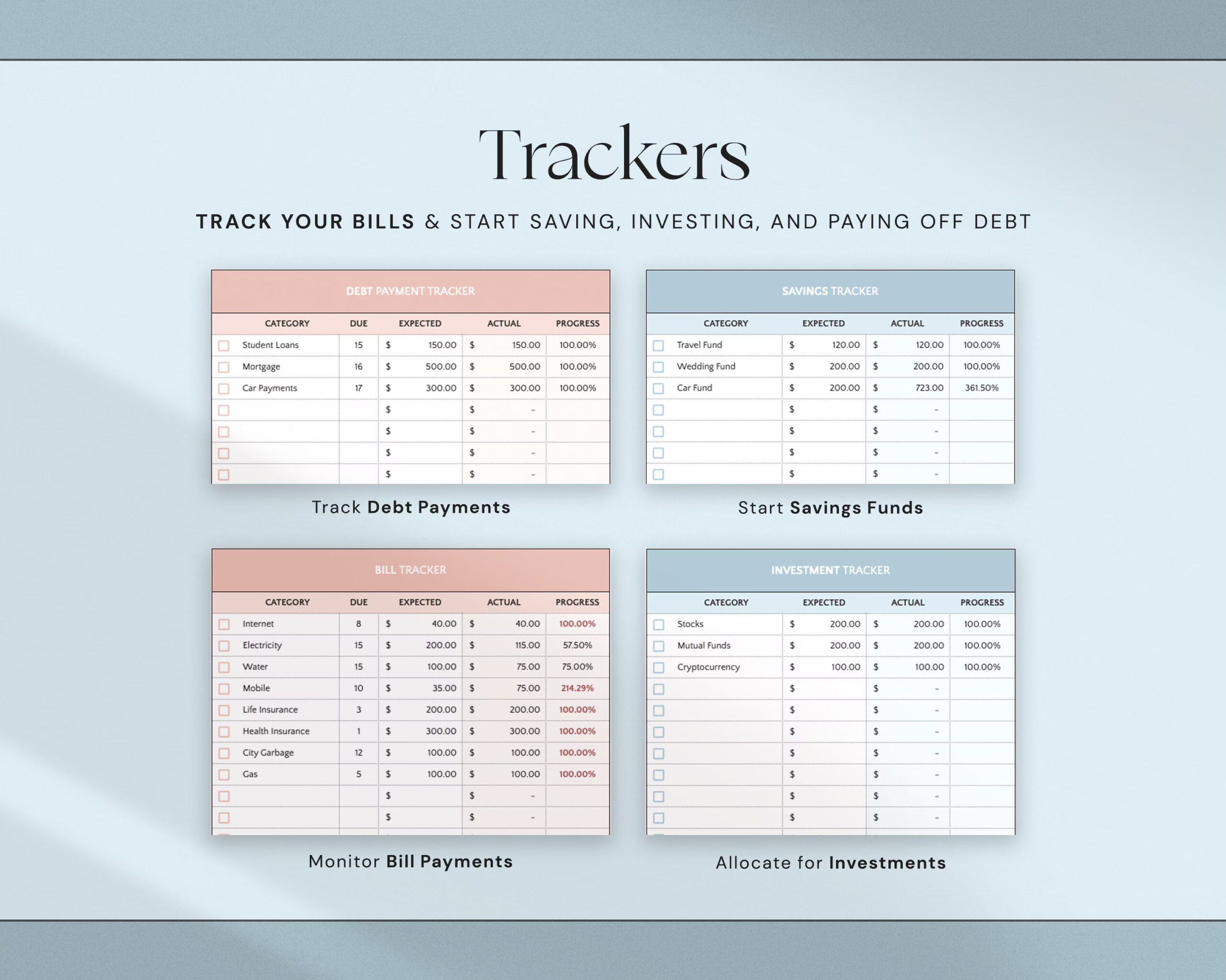 Monthly Budget Spreadsheet with Budget Dashboard, Finance Tracker, Personal Budget Planner and Bill Calendar
