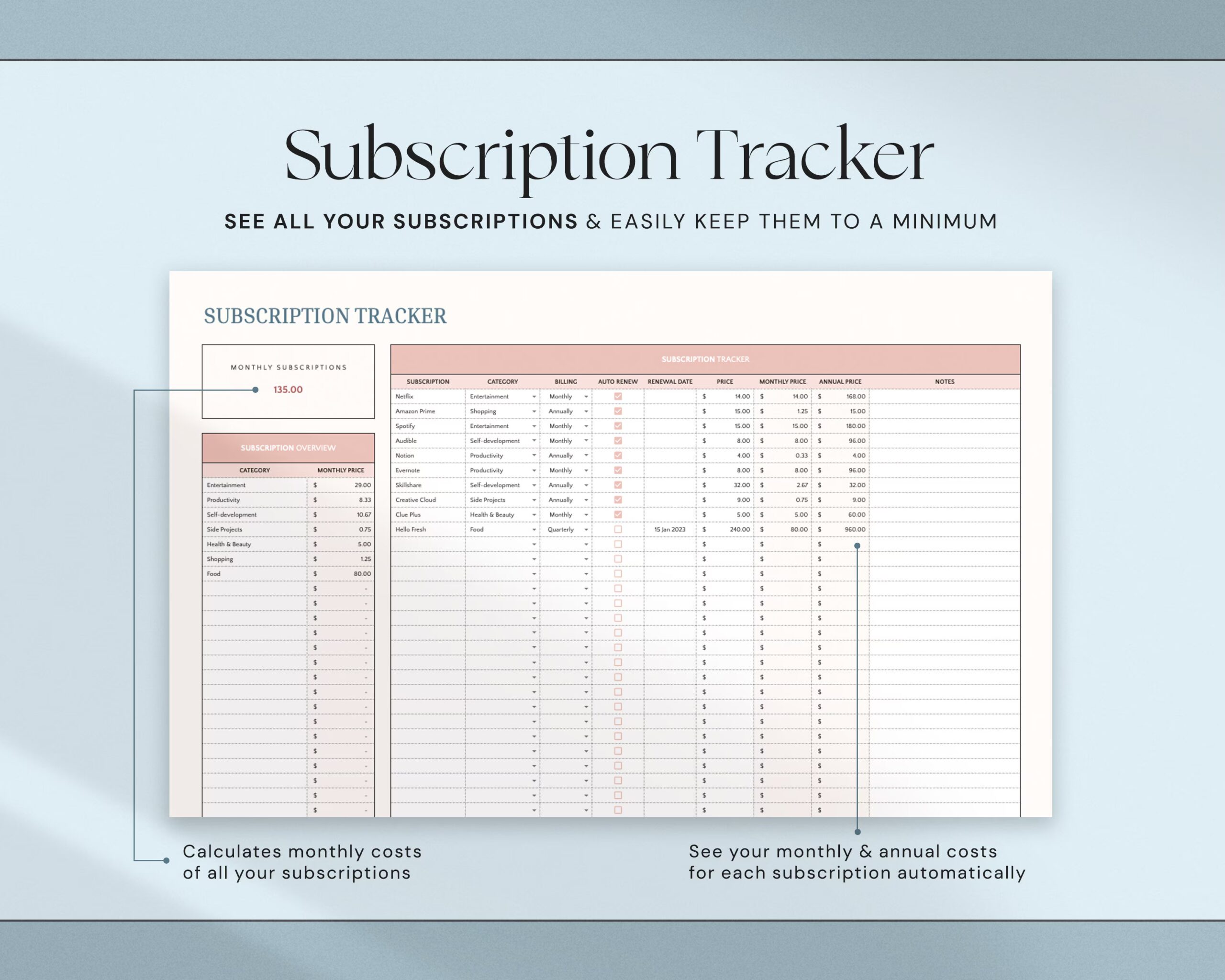 Monthly Budget Spreadsheet with Budget Dashboard, Finance Tracker, Personal Budget Planner and Bill Calendar