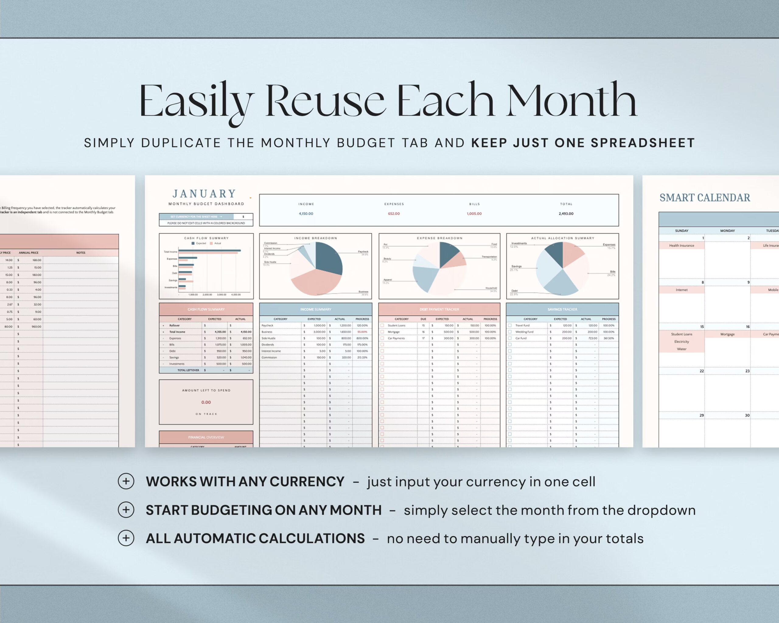 Monthly Budget Spreadsheet with Budget Dashboard, Finance Tracker, Personal Budget Planner and Bill Calendar