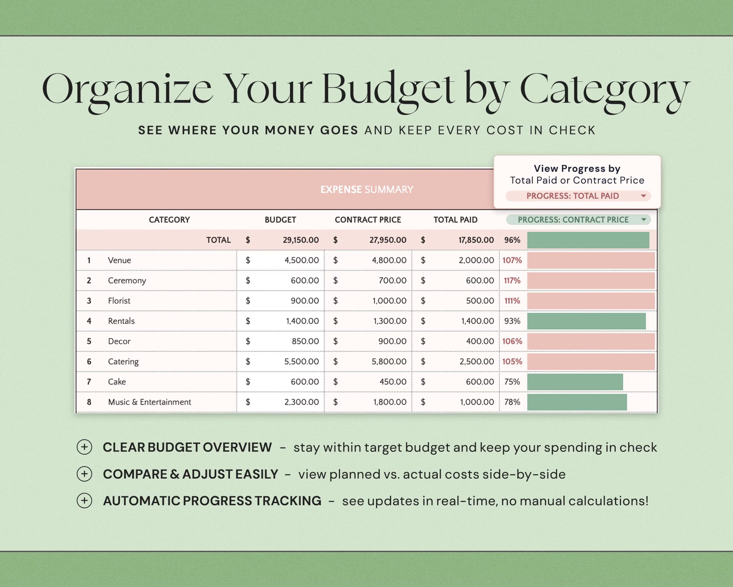 Wedding Budget Spreadsheet with Wedding Planner, Finance Tracker and Expense Tracking