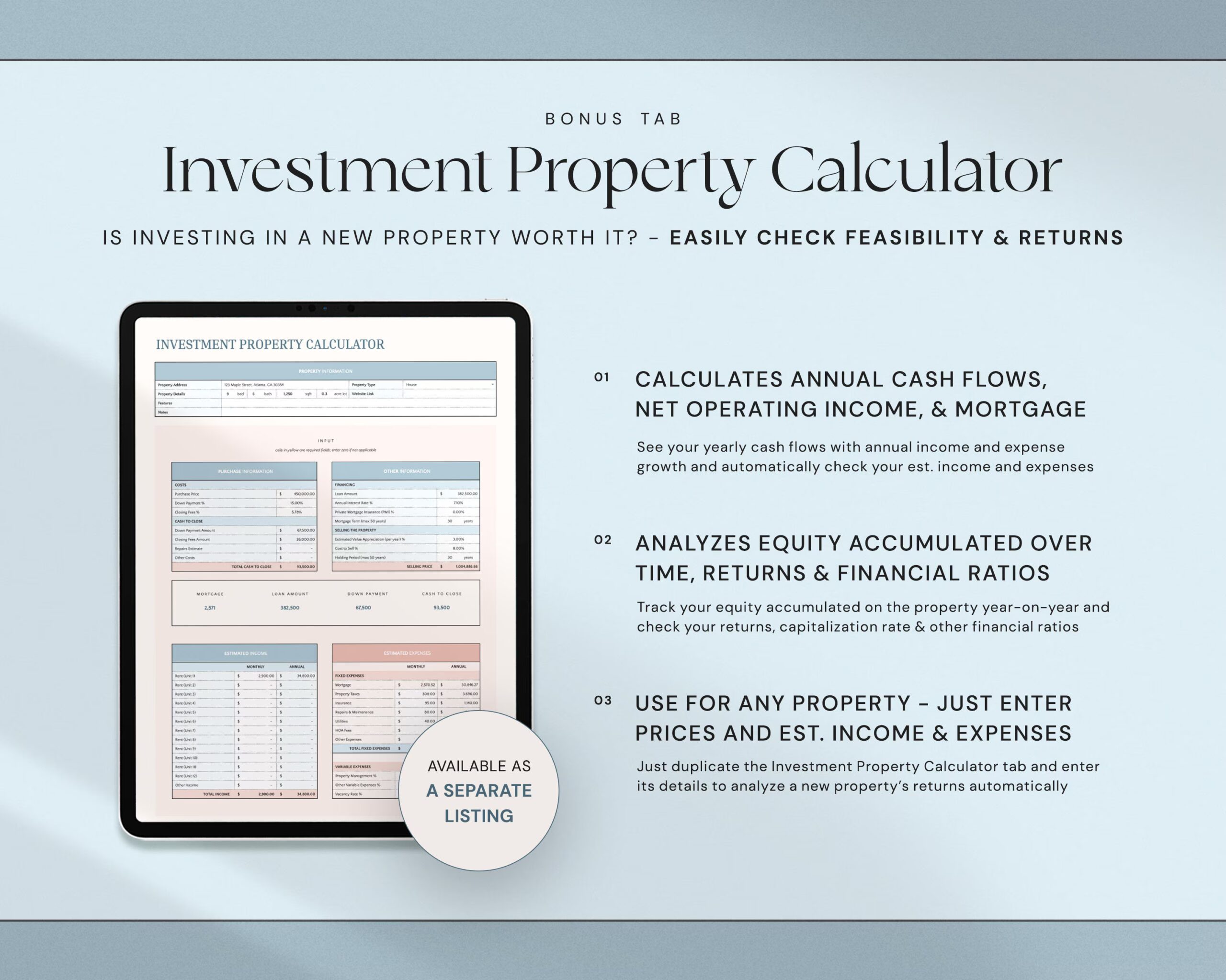 Rental Property Template with Landlord Spreadsheet, Income and Expense Tracker, Rental Bookkeeping and Real Estate Management